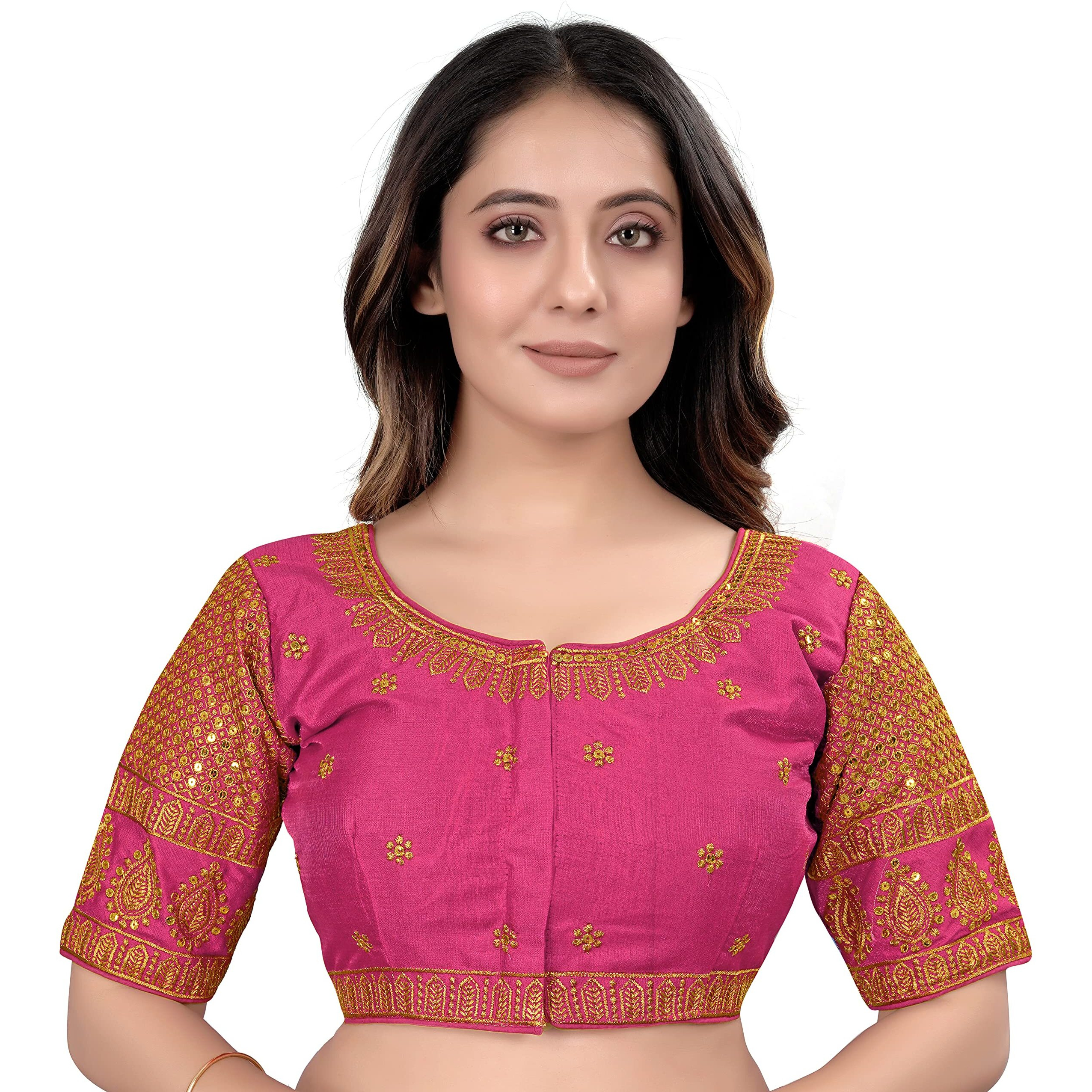 Pujia Mills Women's Blouse Readymade Blouse Embroidery Blouse Readymade Blouses For Women Readymade Blouses For Women Half Readymade Saree Blouse For Women Pink Blouse Readymade (Delta Pink 38)