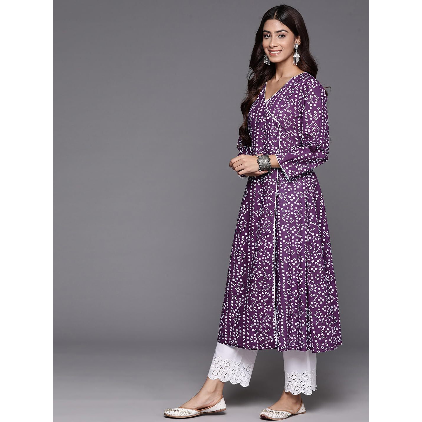 Varanga Women Purple V-Neck Bandhani Print Angrakha Style Anarkali Kurta With Piping Detail For Traditional (Medium)