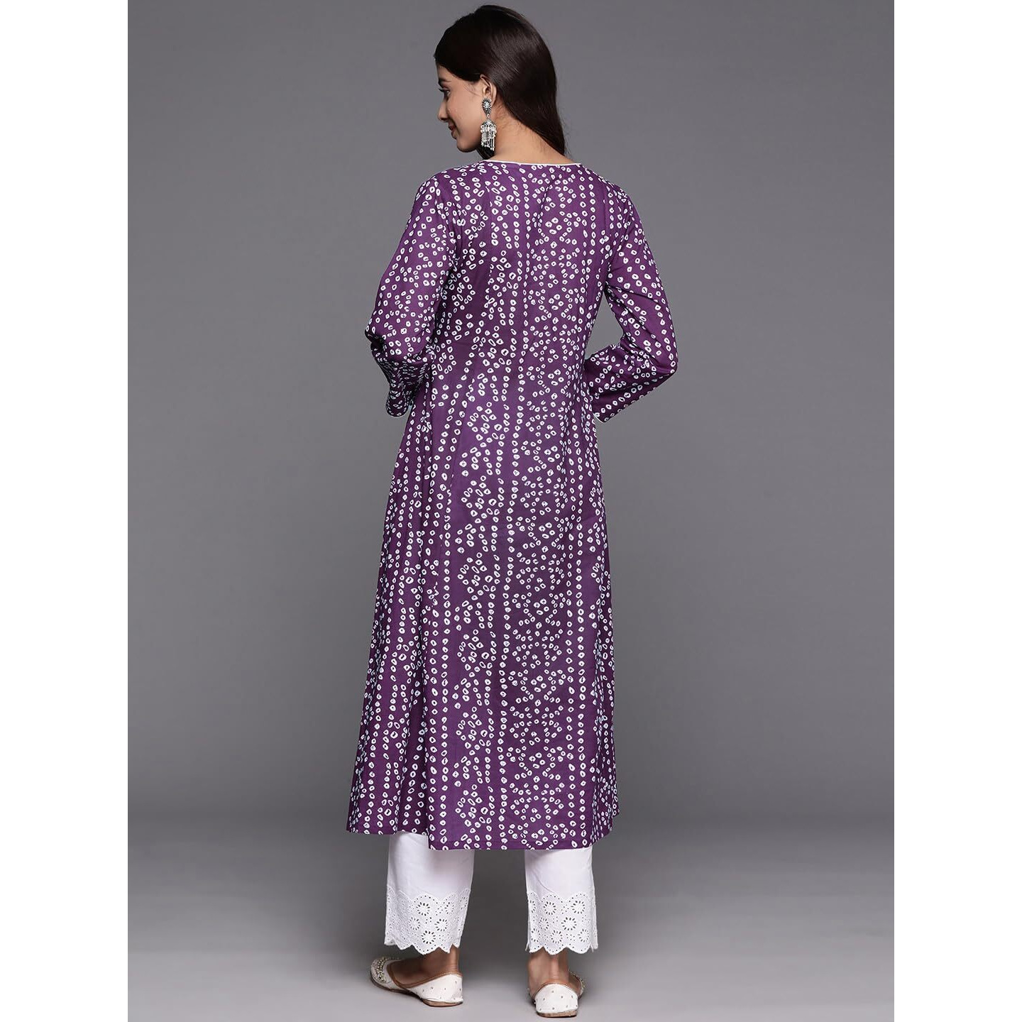 Varanga Women Purple V-Neck Bandhani Print Angrakha Style Anarkali Kurta With Piping Detail For Traditional (Medium)