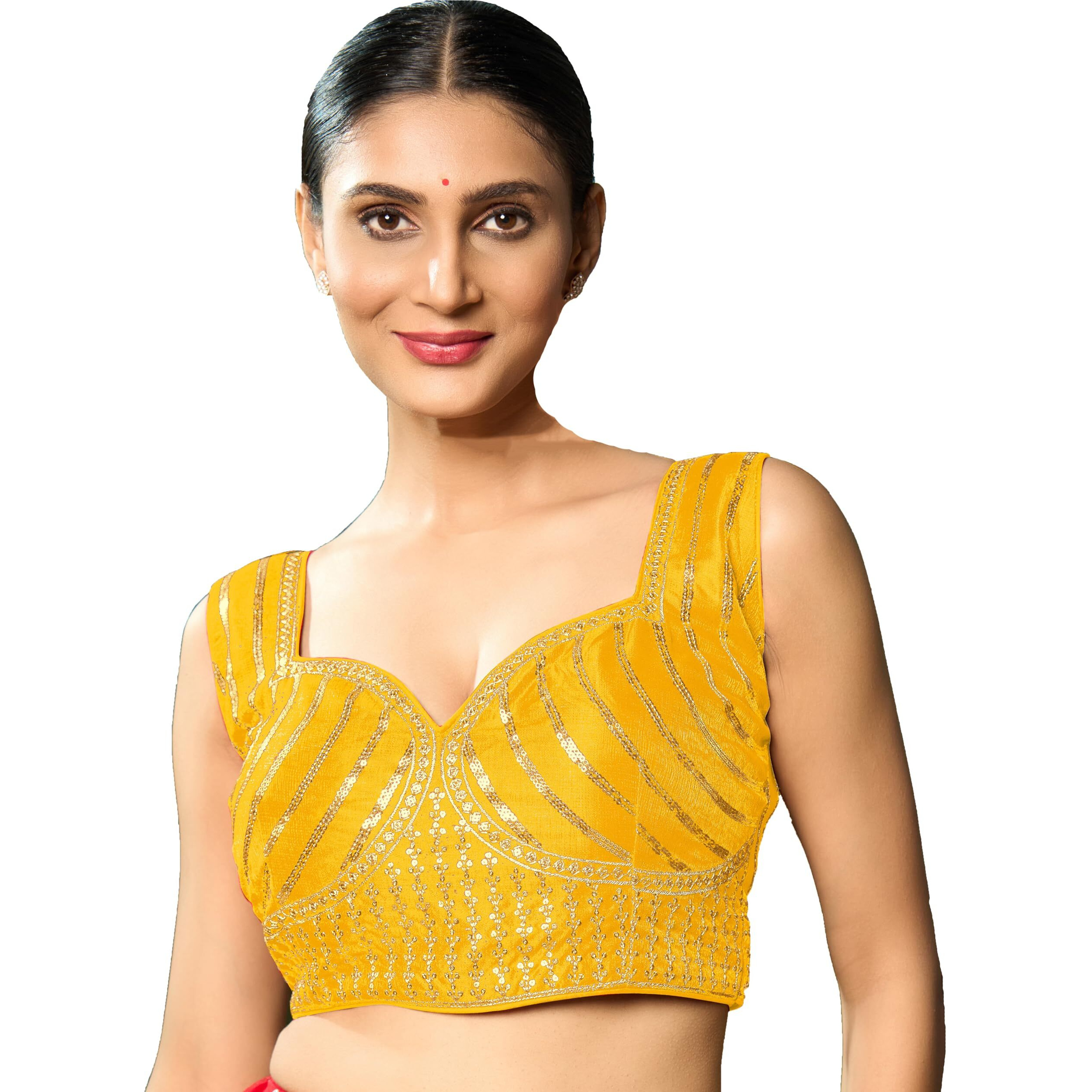 Pujia Mills Women's Readymade Sleeveless Sweetheart Neck Back Hook Open Saree Fancy Blouse (Yellow, 38)