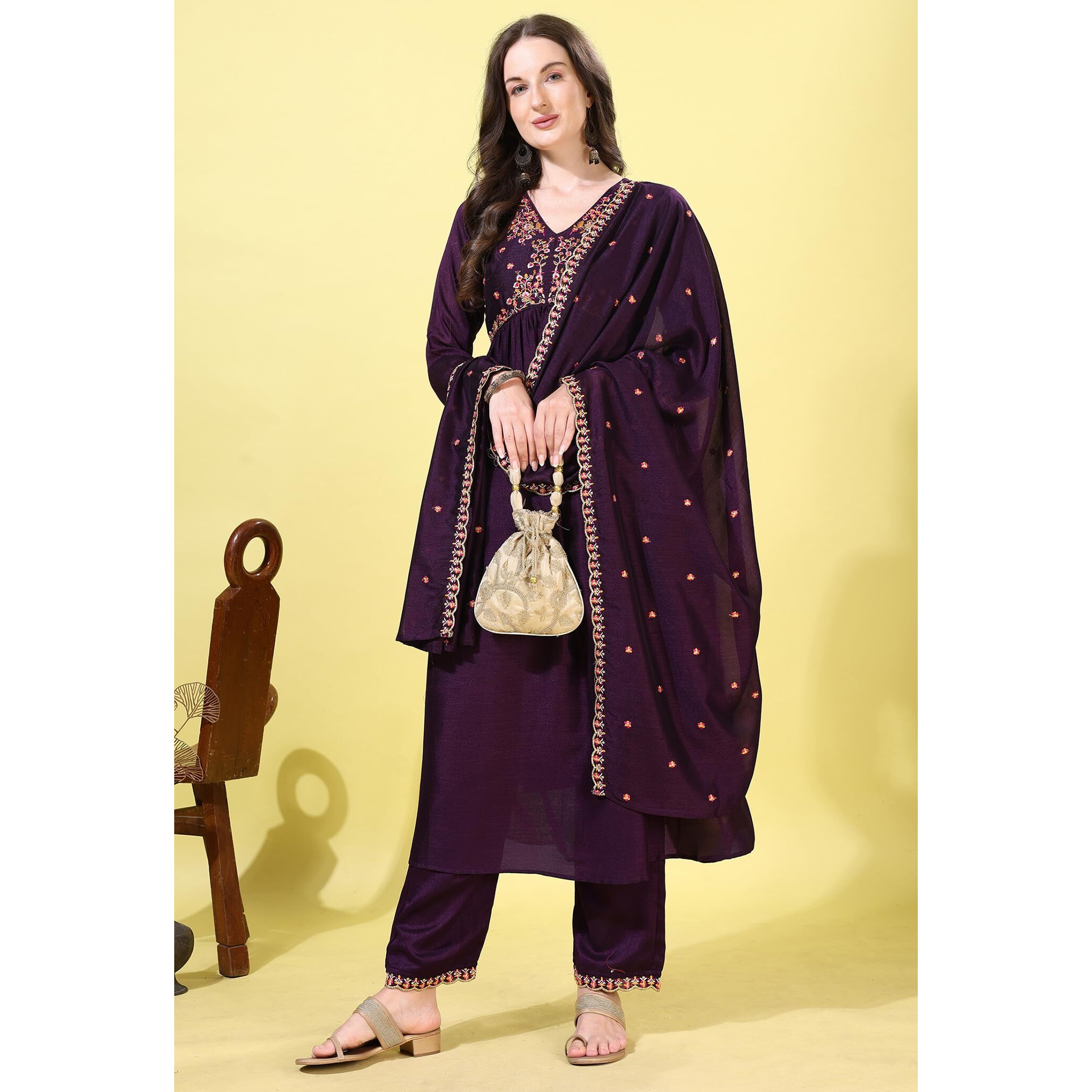 Pratham Blue Women's Silk Embroidered Anarkali Kurta Palazzos With Dupatta |Kurta Sets For Women |Women Kurta | Women Embroidered Kurta Sets Kurtis |Women Kurta Pant Set (Bkp-1002-M_Purple)