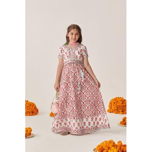Pspeaches Girl's Cotton 1 Lehenga, 1 Choli, 1 Dupatta (L-Mgbootijaal-12- Magenta_12-13Y)