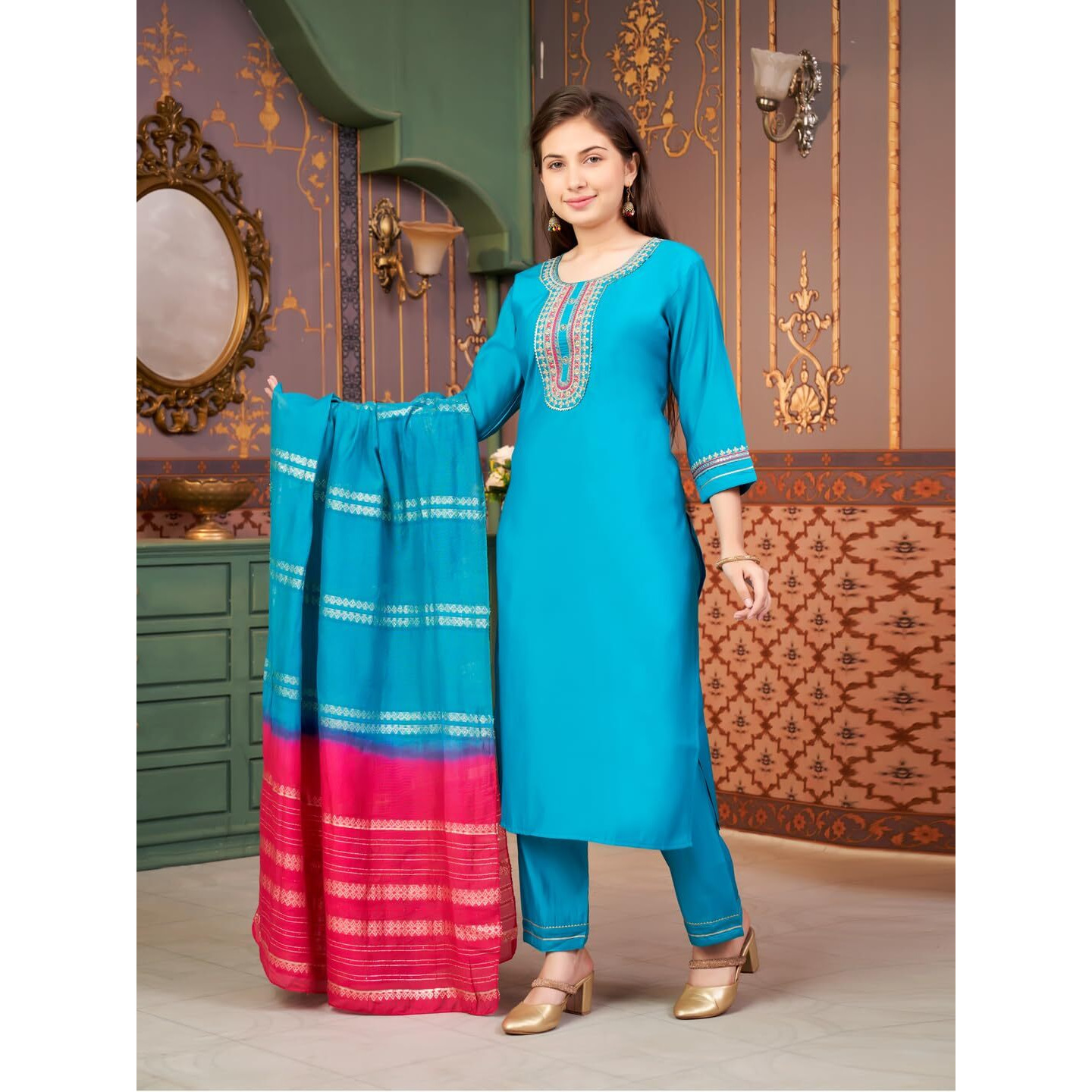 Aarika Girls Ethnic Wear Turqouise Colour Sequin Embroidery Silk Kurti Pant Set-10-15 Years (Kp-Sd-6001)