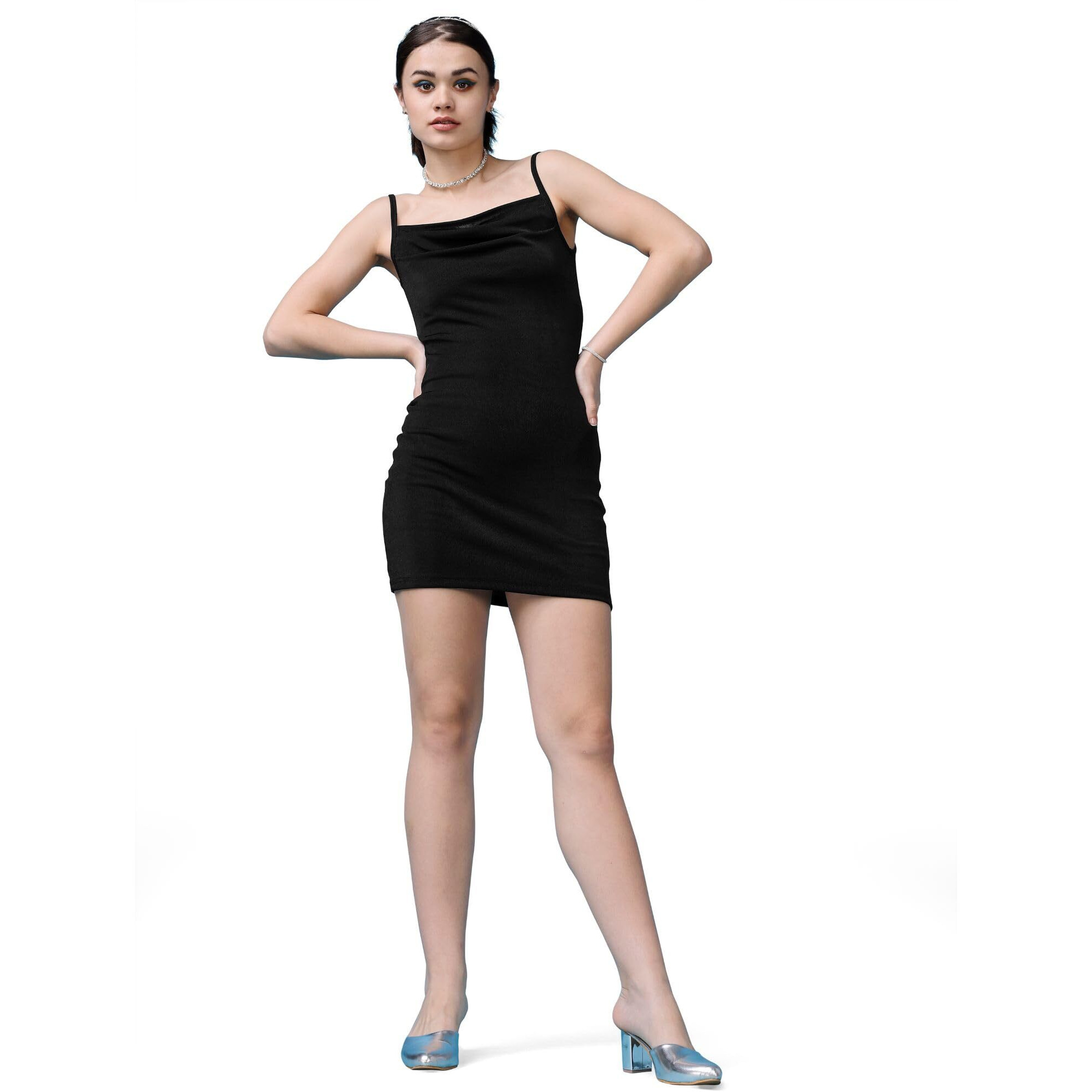 Purvaja Womens Bodycon Above Knee Length Dress (Shine-003-Black_Black_Small)