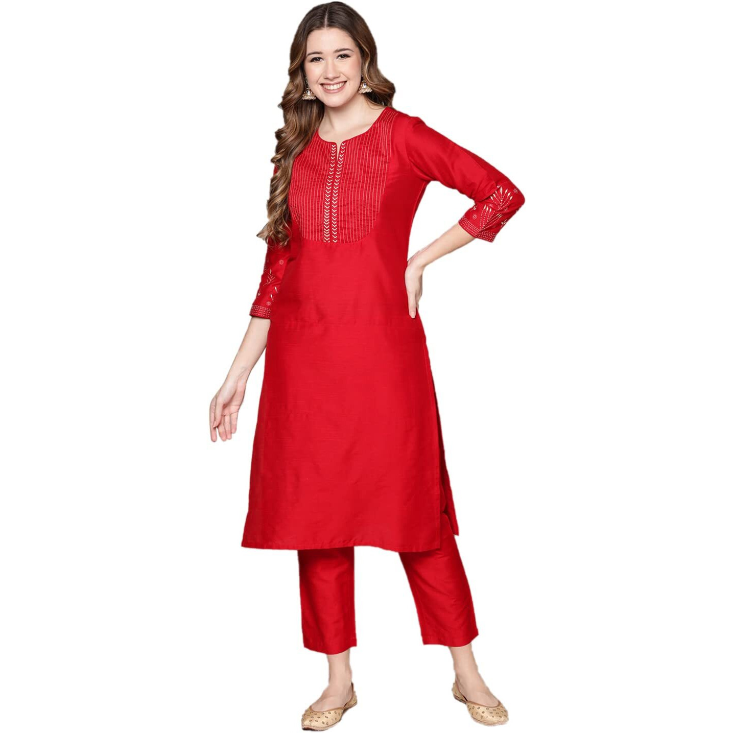 Anubhutee Women's Cotton Red Woven Design Thread Work Straight Kurta Suit Set With Pants
