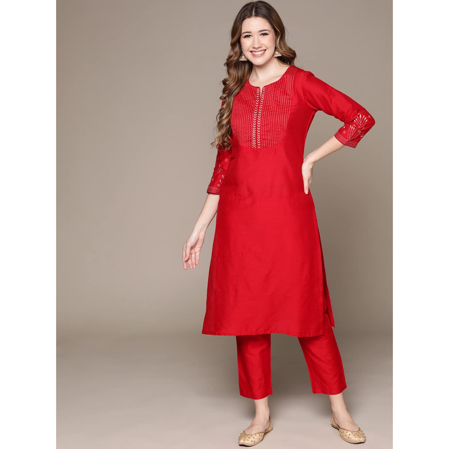 Anubhutee Women's Cotton Red Woven Design Thread Work Straight Kurta Suit Set With Pants