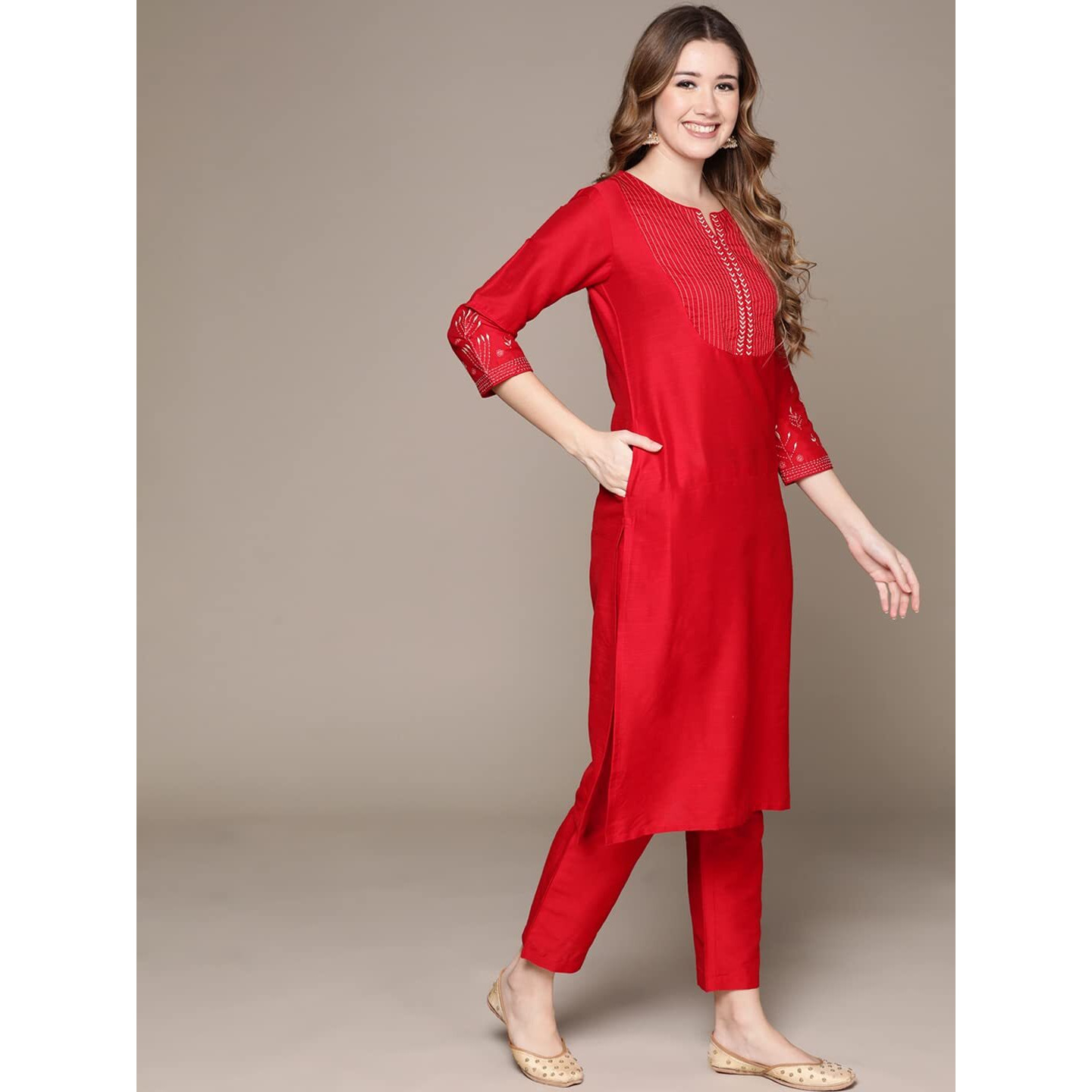 Anubhutee Women's Cotton Red Woven Design Thread Work Straight Kurta Suit Set With Pants