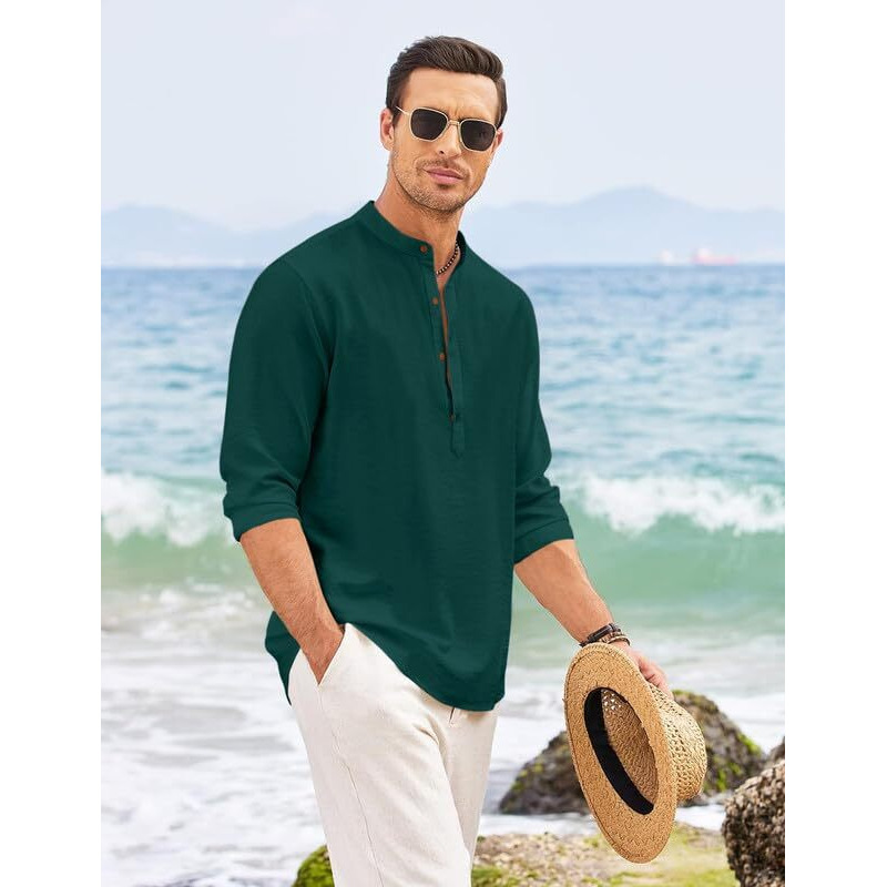 Royalscout Men's Regular Fit Solid Cotton Blend Straight Short Kurta | Full Sleeves Kurta Green
