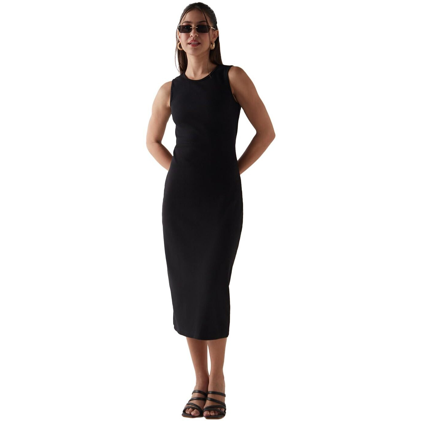 Bewakoof Women's Solid Slim Fit Sleeveless Round Neck Cotton Blend Bodycon_644916_Black_L