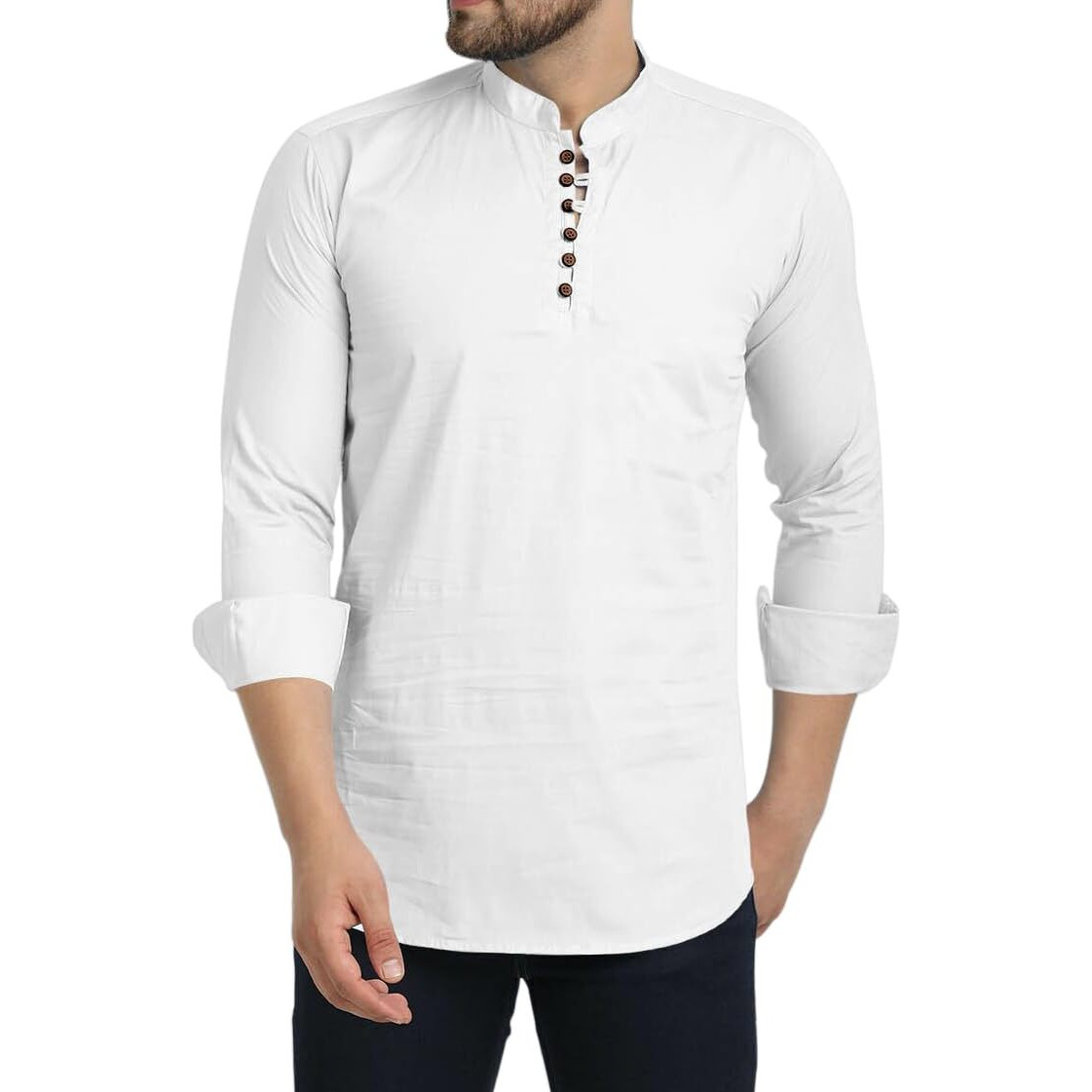 Royalscout Men's Cotton Blend Full Sleeve Short Kurta With Mandarin Collar White