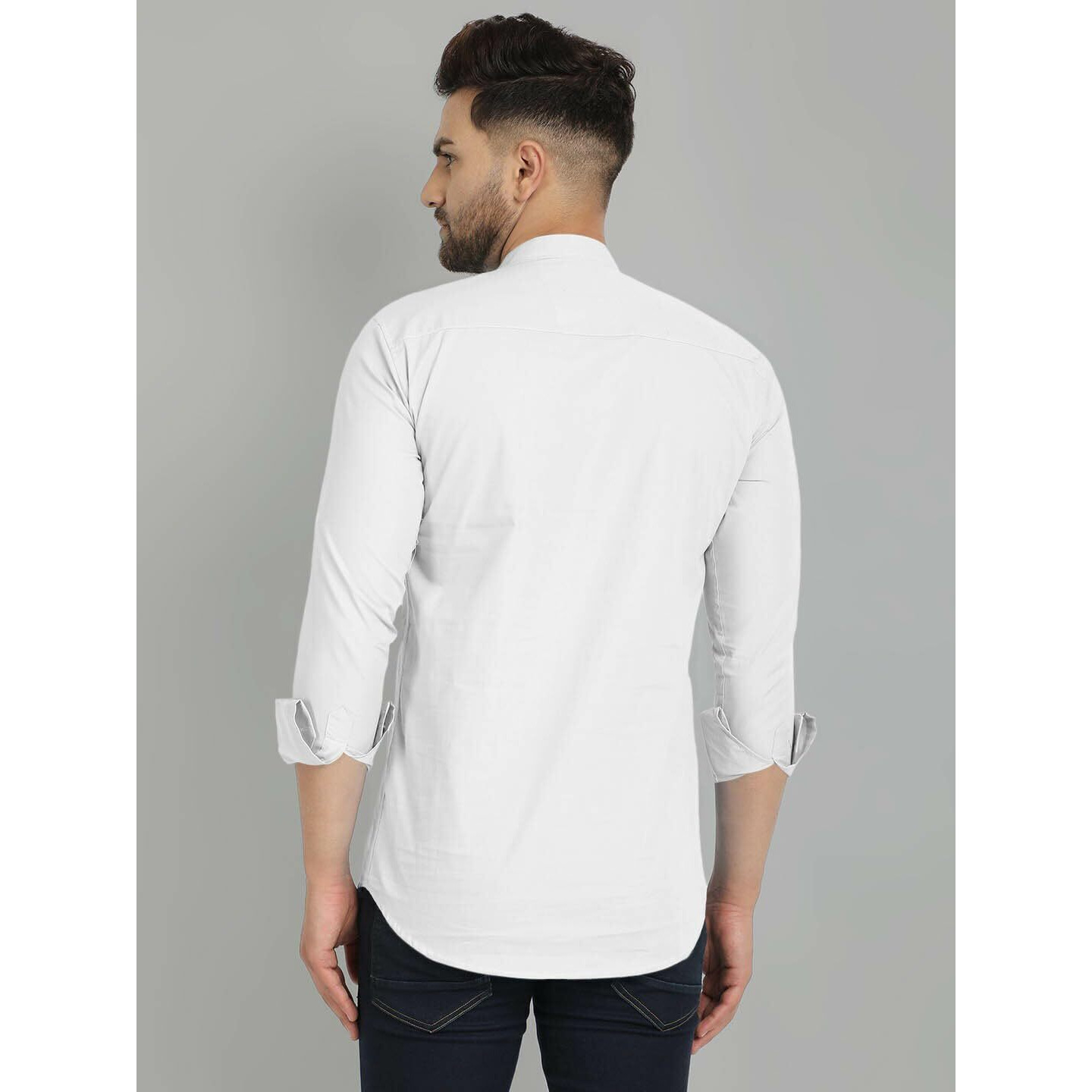 Royalscout Men's Cotton Blend Full Sleeve Short Kurta With Mandarin Collar White
