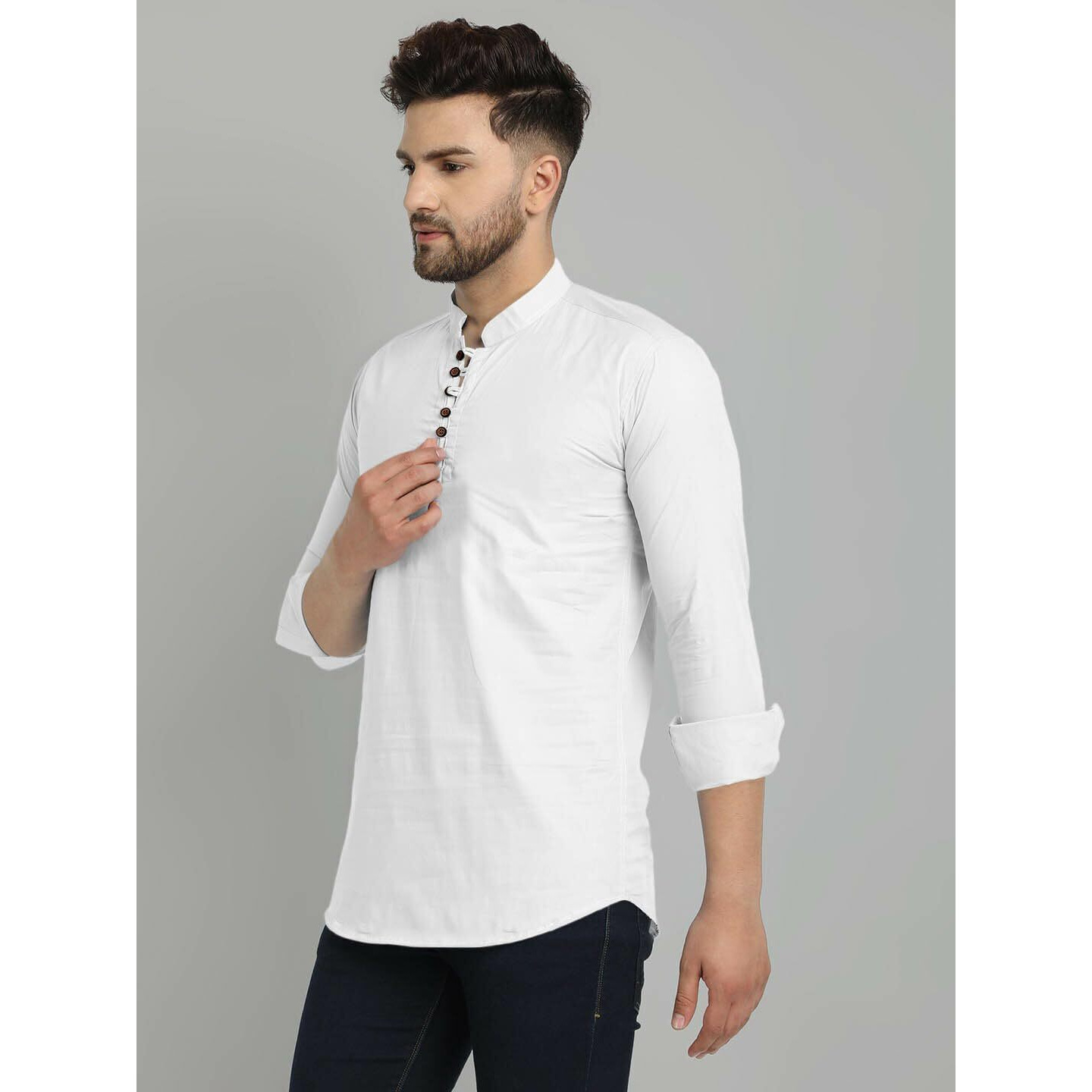 Royalscout Men's Cotton Blend Full Sleeve Short Kurta With Mandarin Collar White