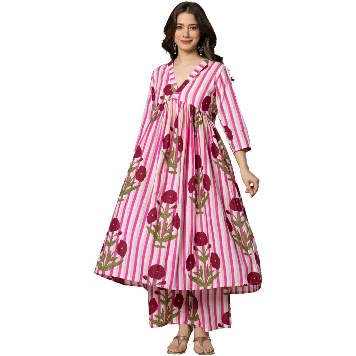 Rytras Women's Pure Cotton Printed Alia Cut Kurta Set With Palazzo Pants - Ethnic Wear, Pink(Ryt594,S)