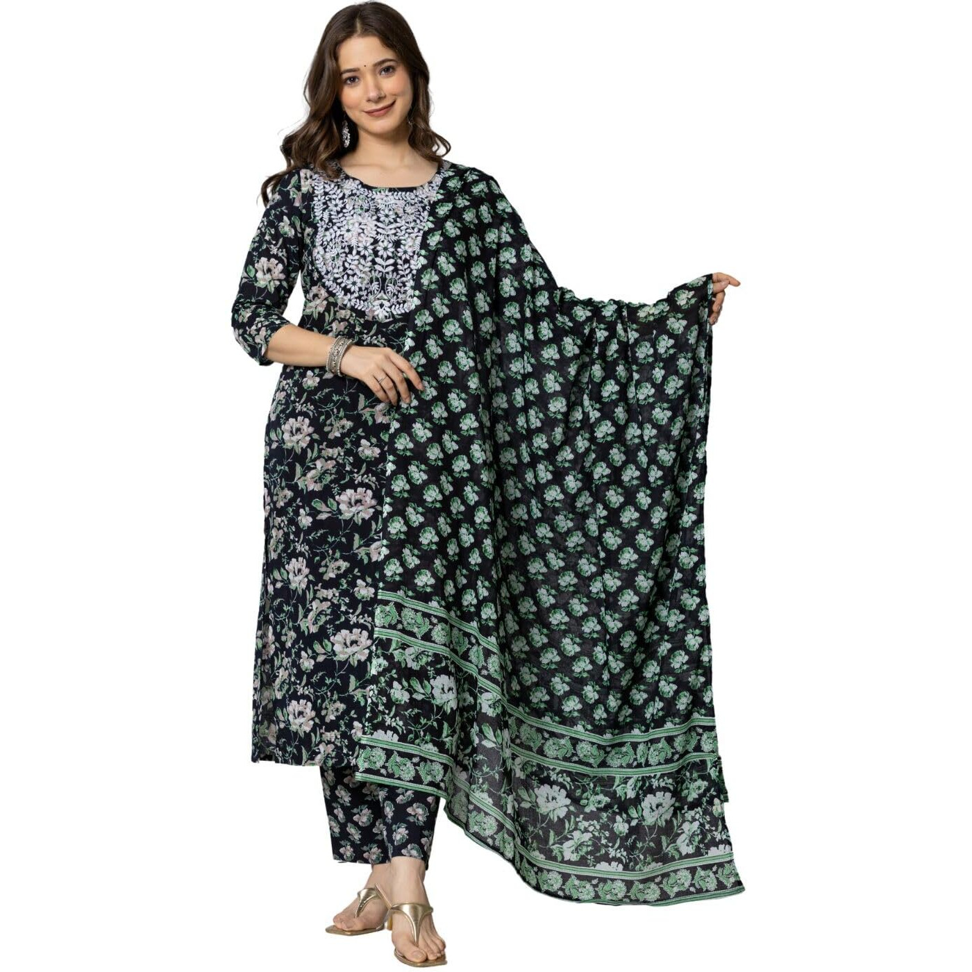 Rytras Women's Cotton Embroidered Straight Kurta With Pant And Dupatta(Ryt565,Black,Xxl)