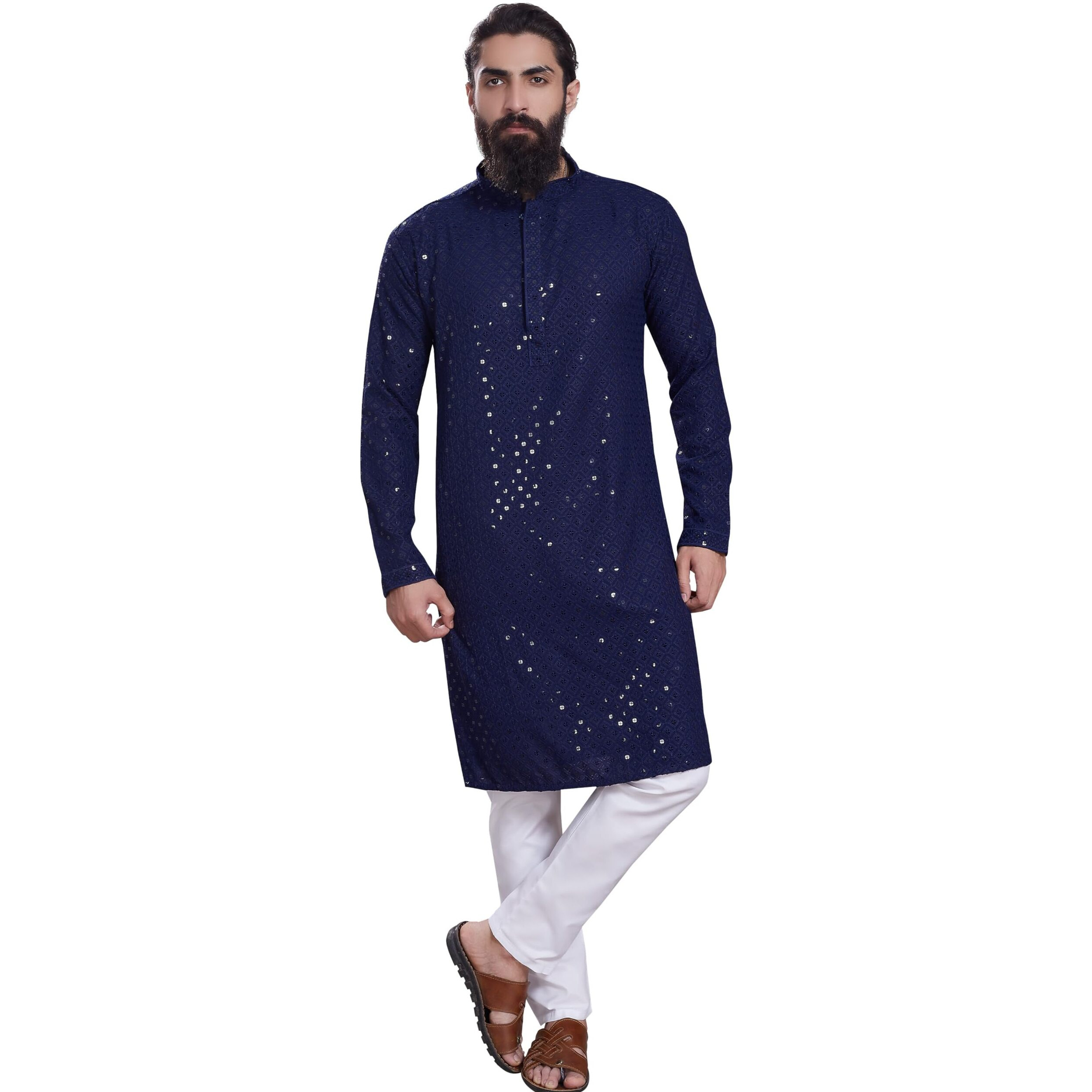 Divisive Men's Sequince Embroidered Cotton Blend Only Slim Fit Kurta (Dkrt229_M_Navy Blue)