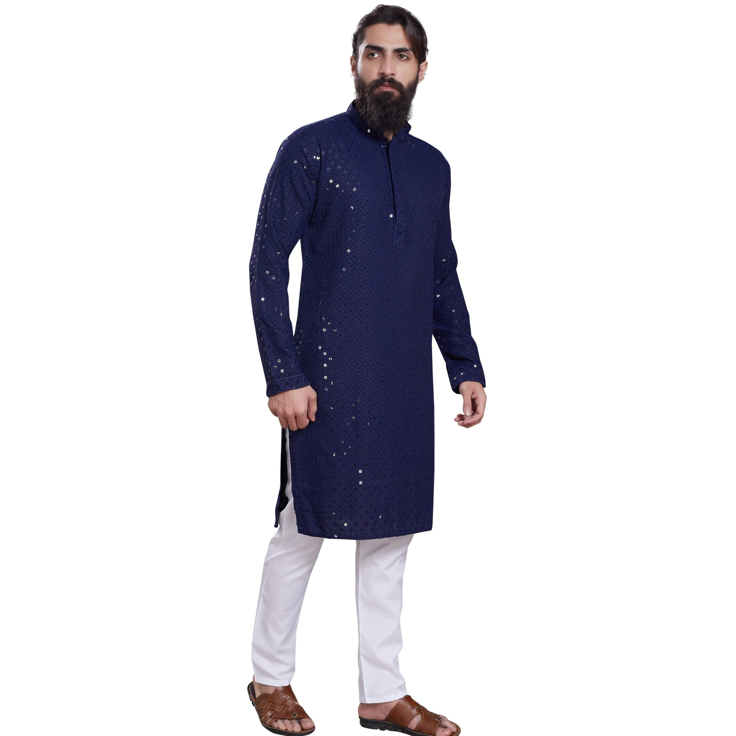 Divisive Men's Sequince Embroidered Cotton Blend Only Slim Fit Kurta (Dkrt229_M_Navy Blue)