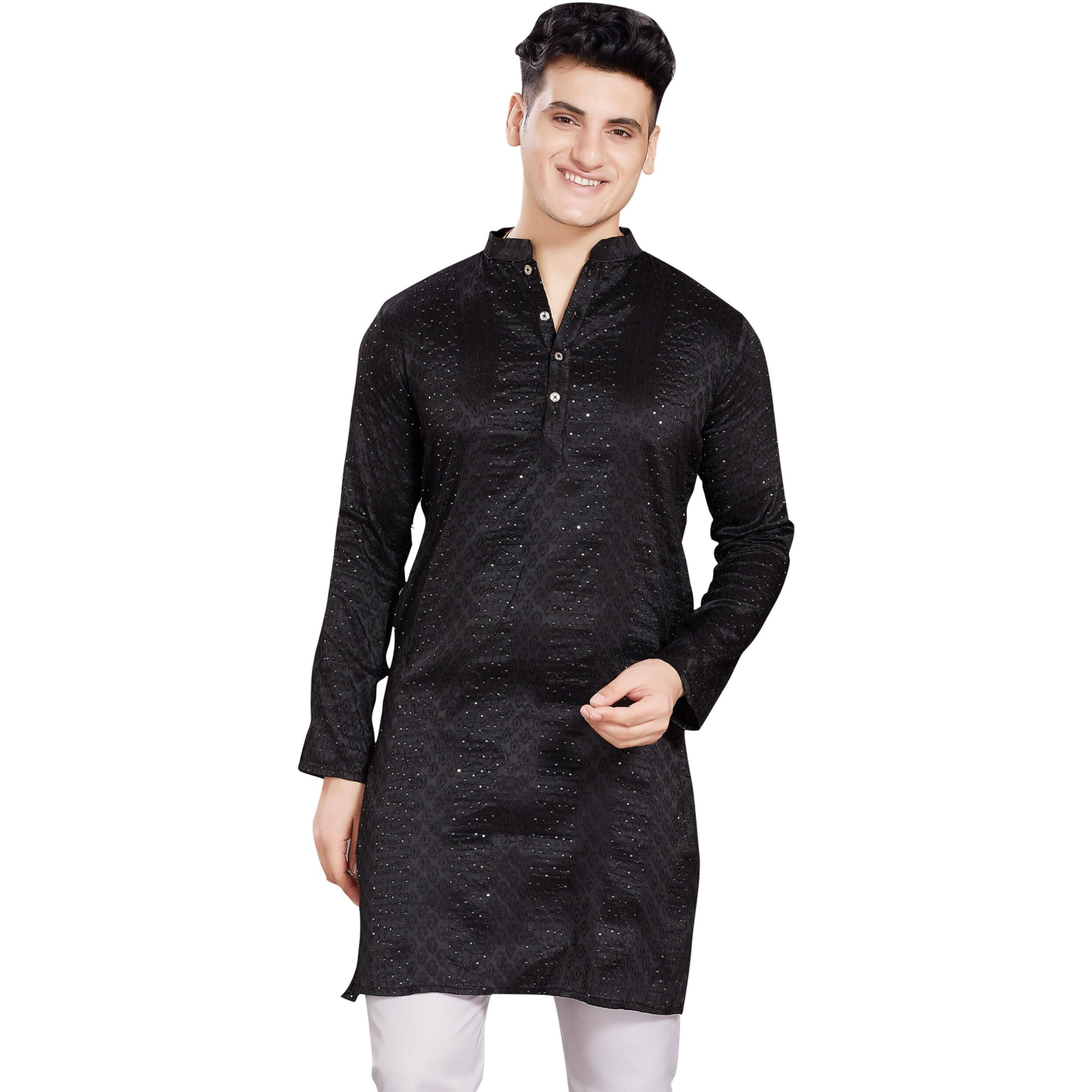 Divisive Men's Jequard Embroidered Art Silk Slim Fit Only Kurta (Dkrt429_Xxl_Black)