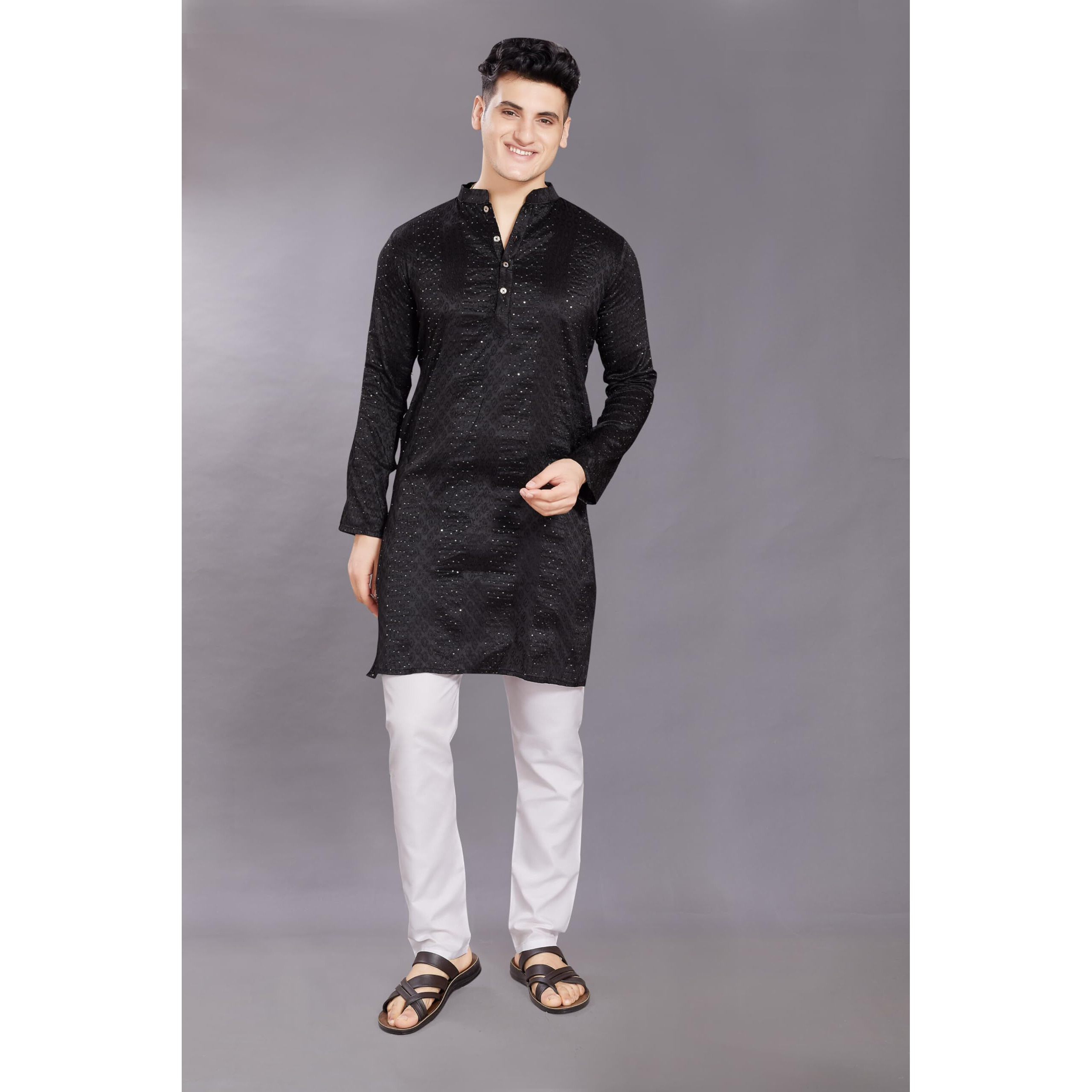 Divisive Men's Jequard Embroidered Art Silk Slim Fit Only Kurta (Dkrt429_Xxl_Black)