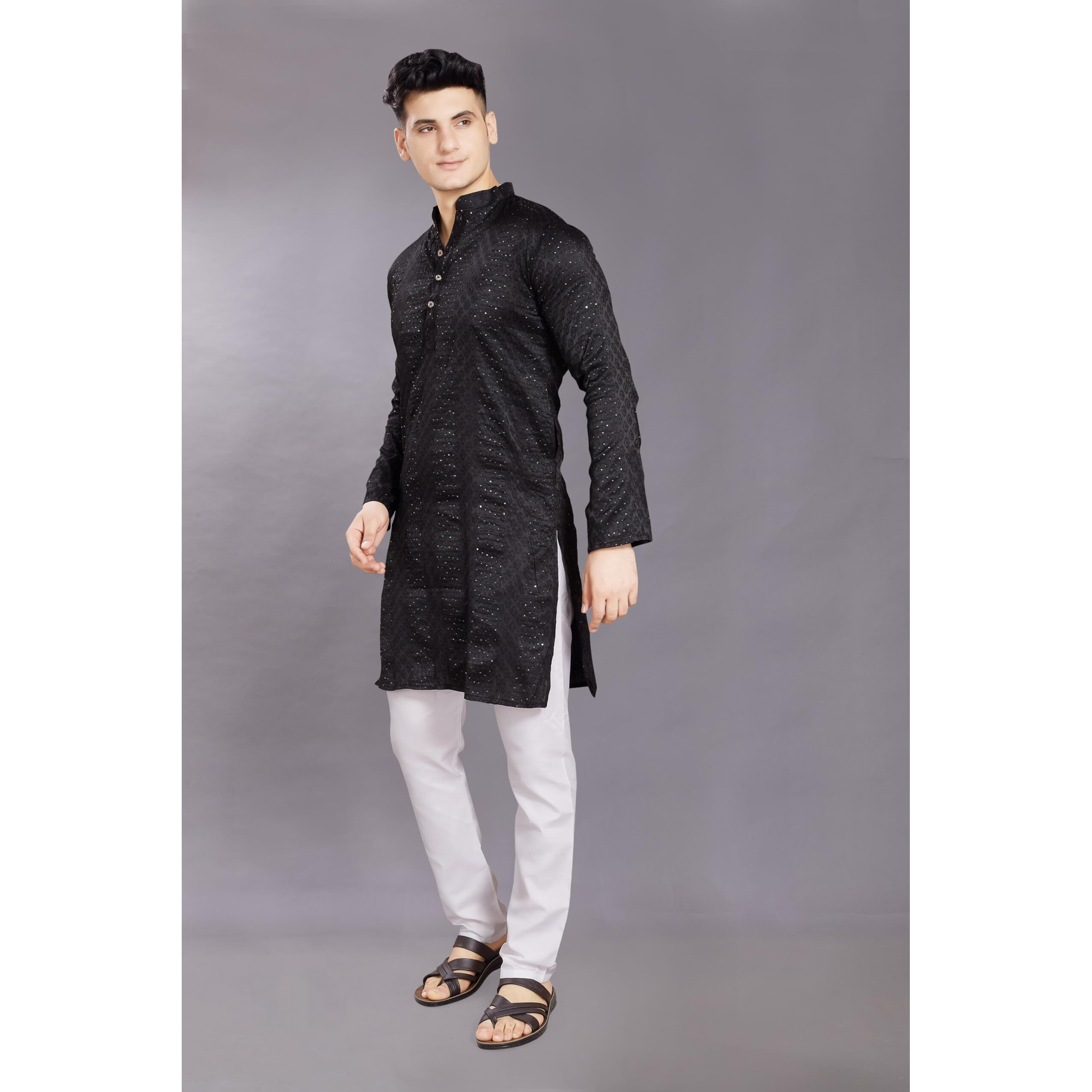 Divisive Men's Jequard Embroidered Art Silk Slim Fit Only Kurta (Dkrt429_Xxl_Black)