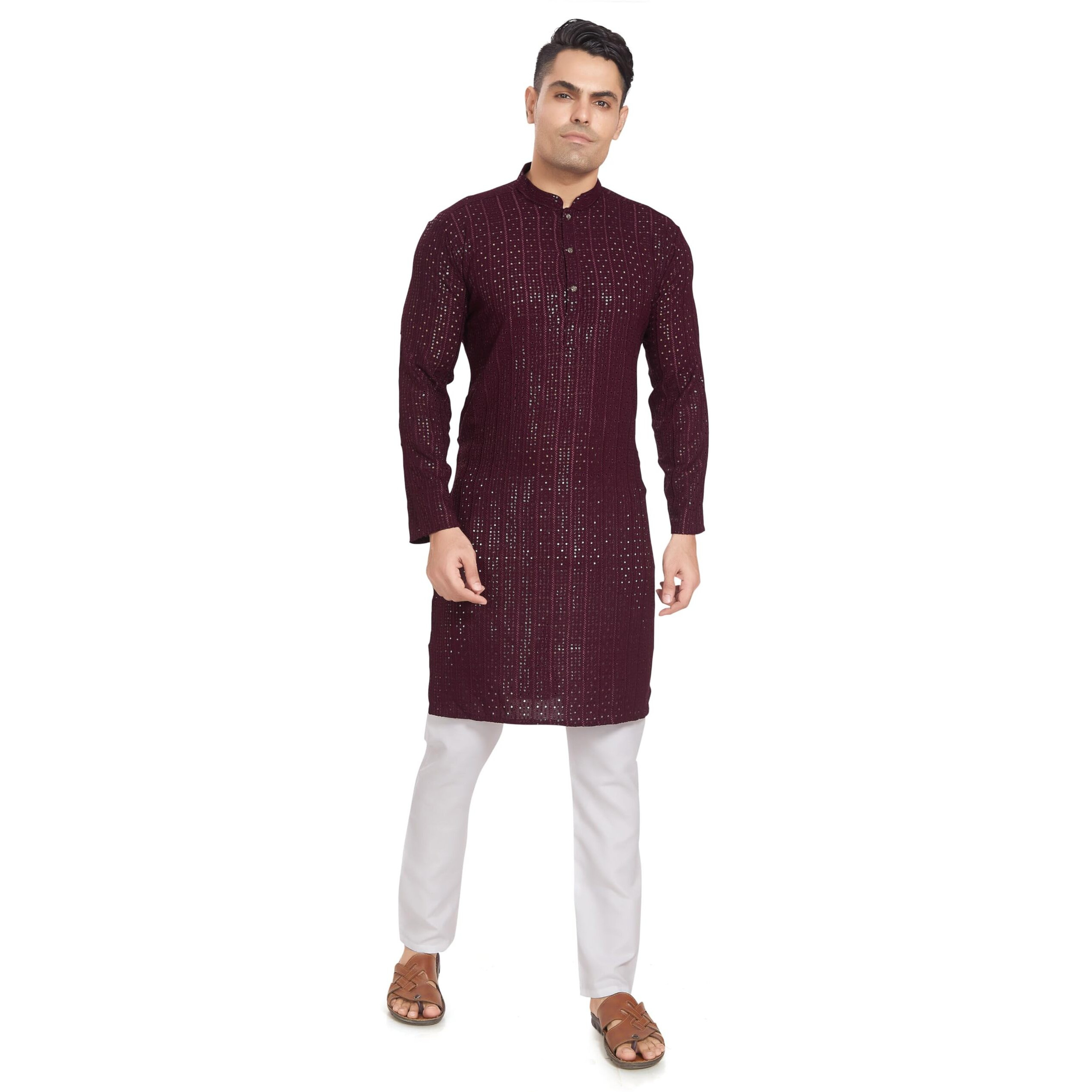 Divisive Men's Embroidered Cotton Blend Only Slim Fit Kurta (Dkrt373_S_Burgundy)