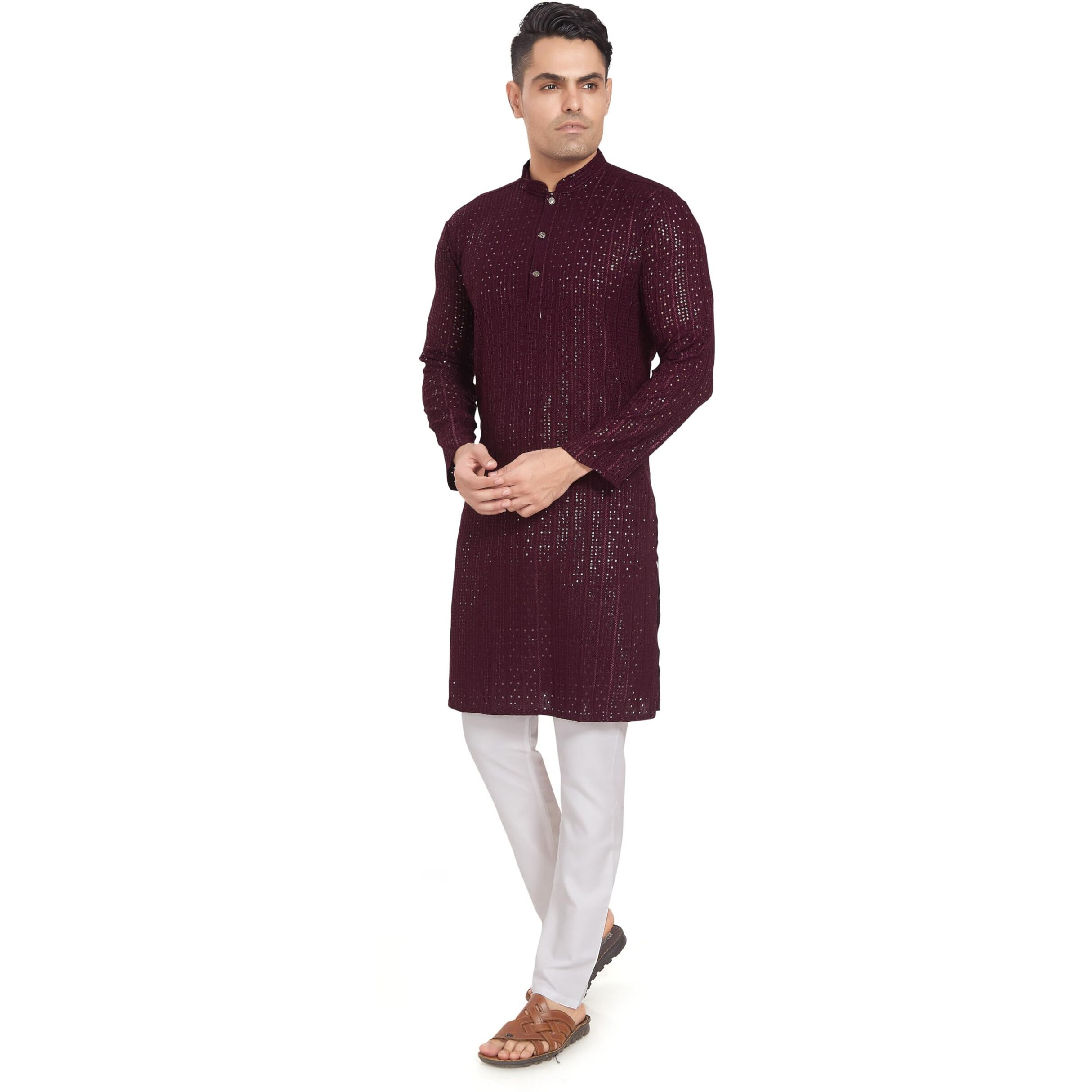Divisive Men's Embroidered Cotton Blend Only Slim Fit Kurta (Dkrt373_S_Burgundy)