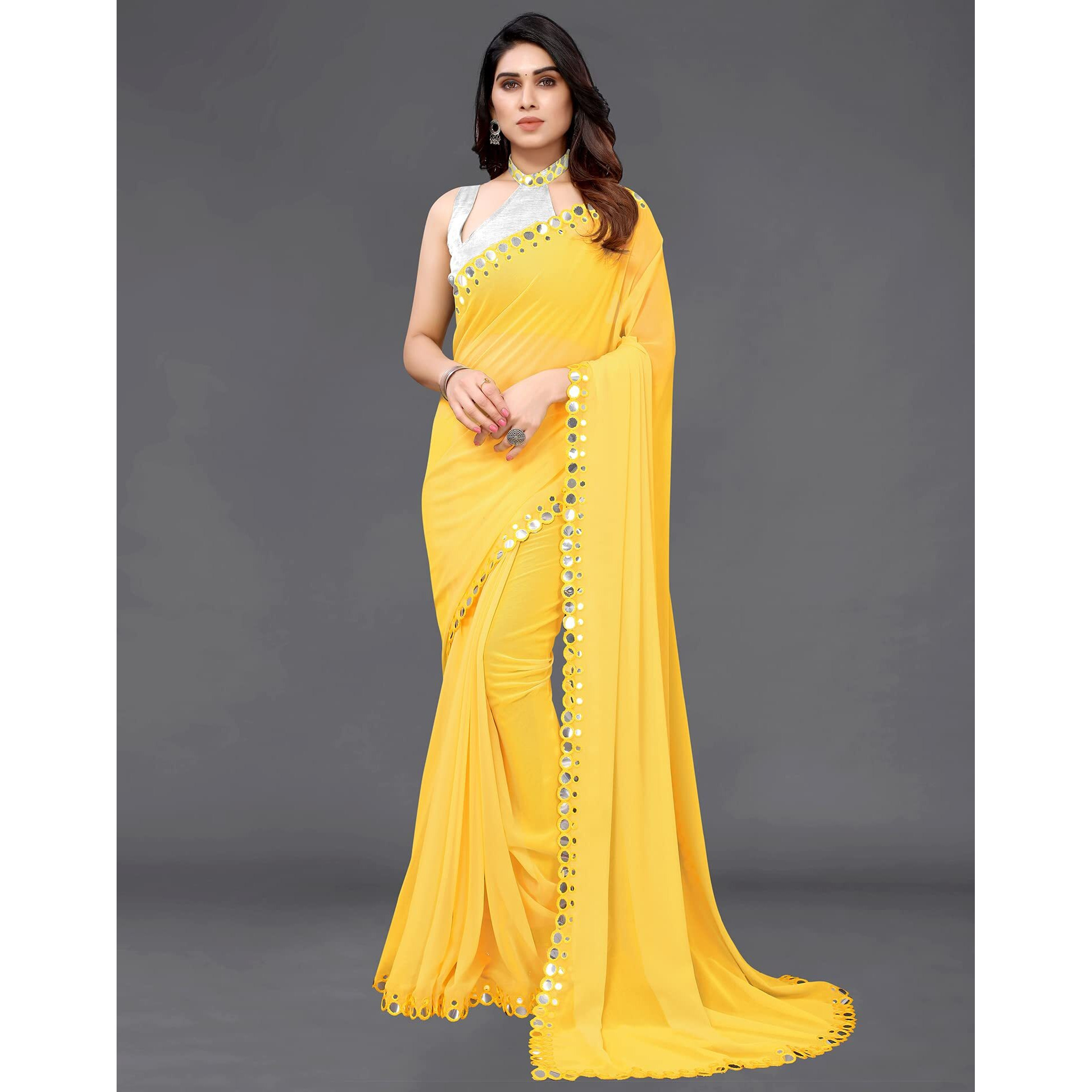 Satrani Women's Dyed Georgette Saree With Unstitched Blouse Piece (2842S723N_Yellow)