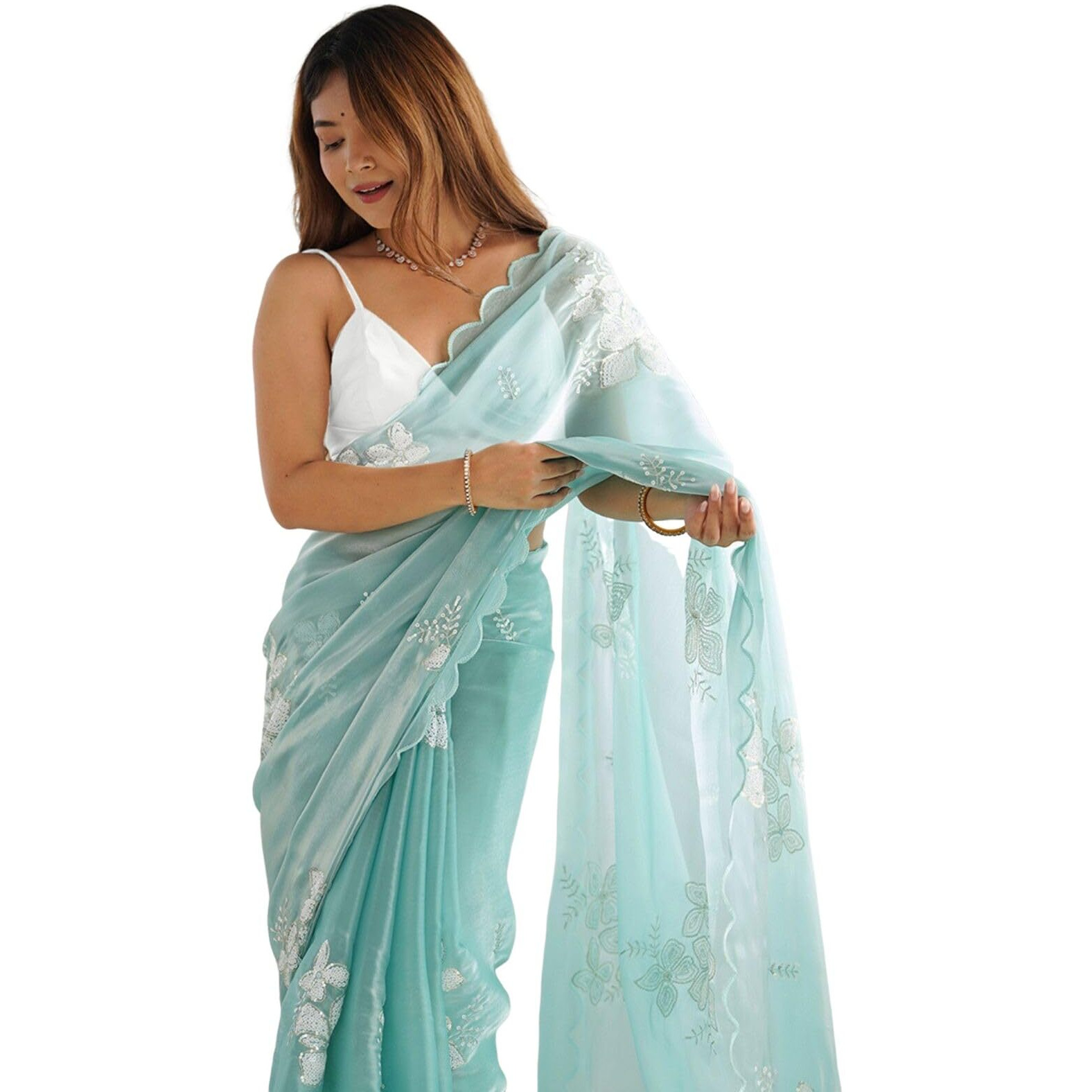 Satrani Women's Sequins Embroidery Chiffon Saree (3997S129N_Light Turquoise)