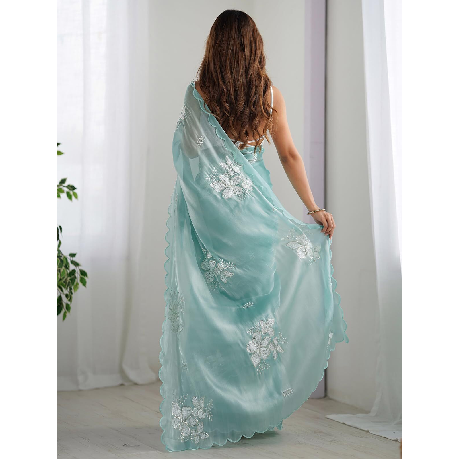Satrani Women's Sequins Embroidery Chiffon Saree (3997S129N_Light Turquoise)