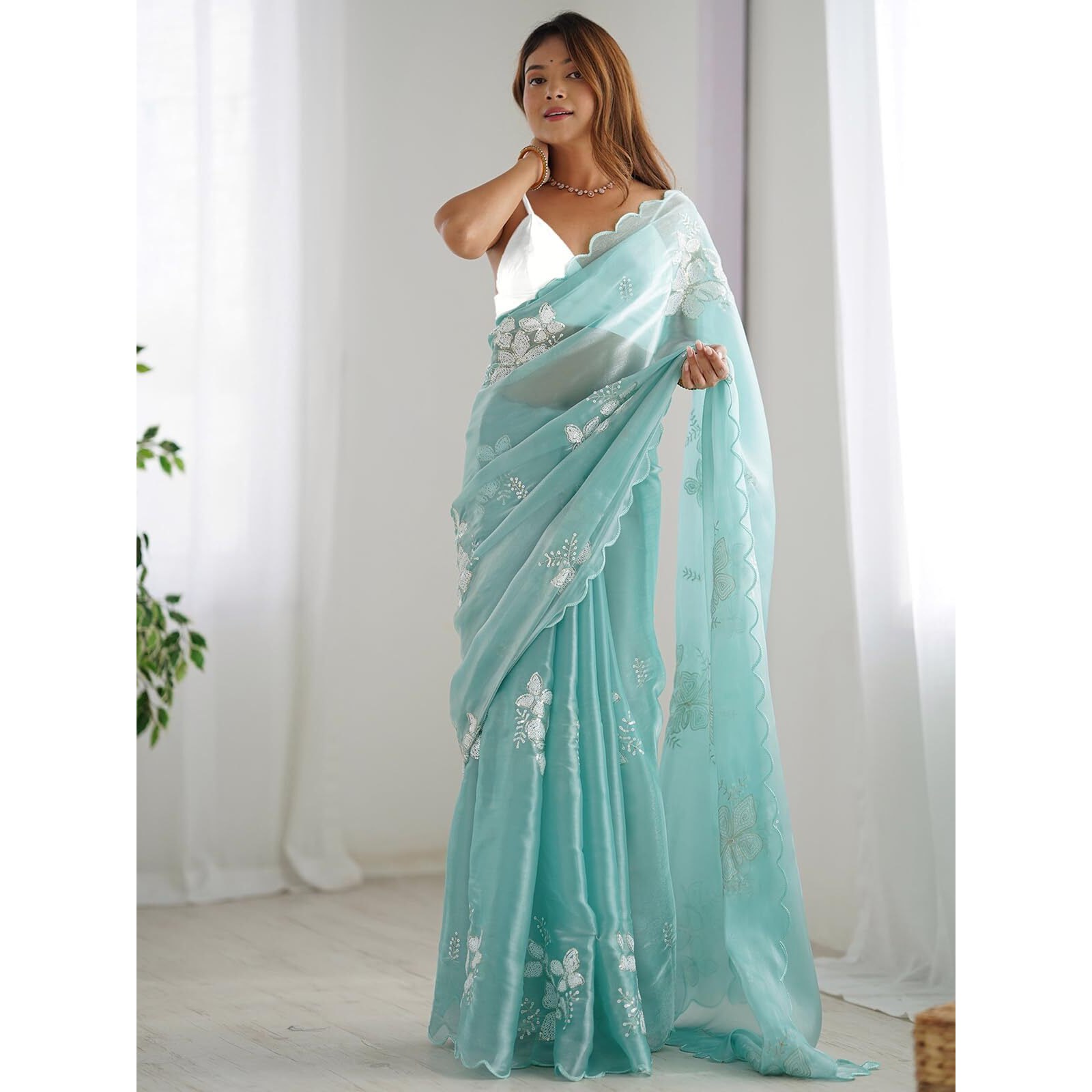 Satrani Women's Sequins Embroidery Chiffon Saree (3997S129N_Light Turquoise)