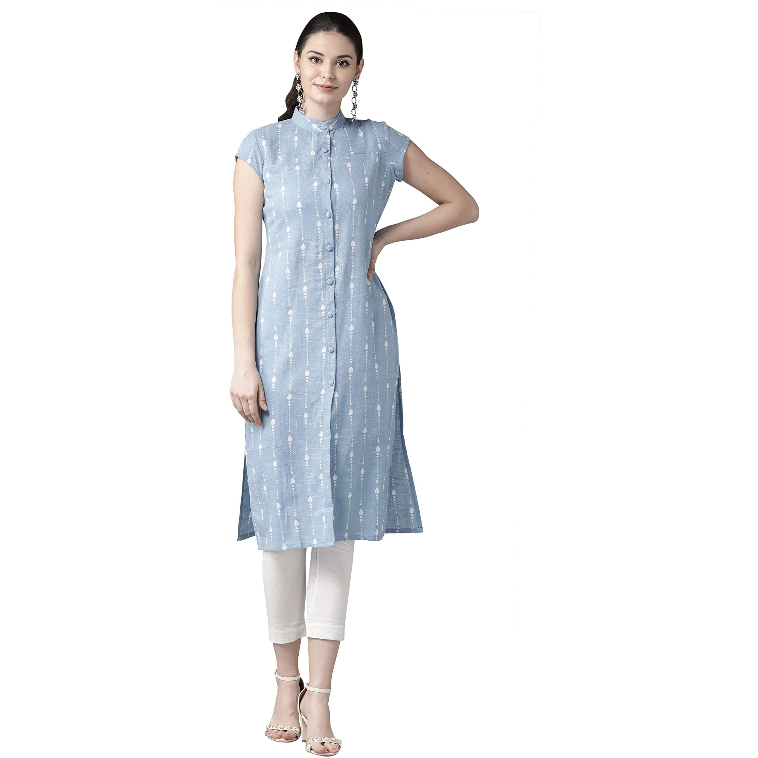 See Designs Women Blue & White Khari Print Straight Kurta