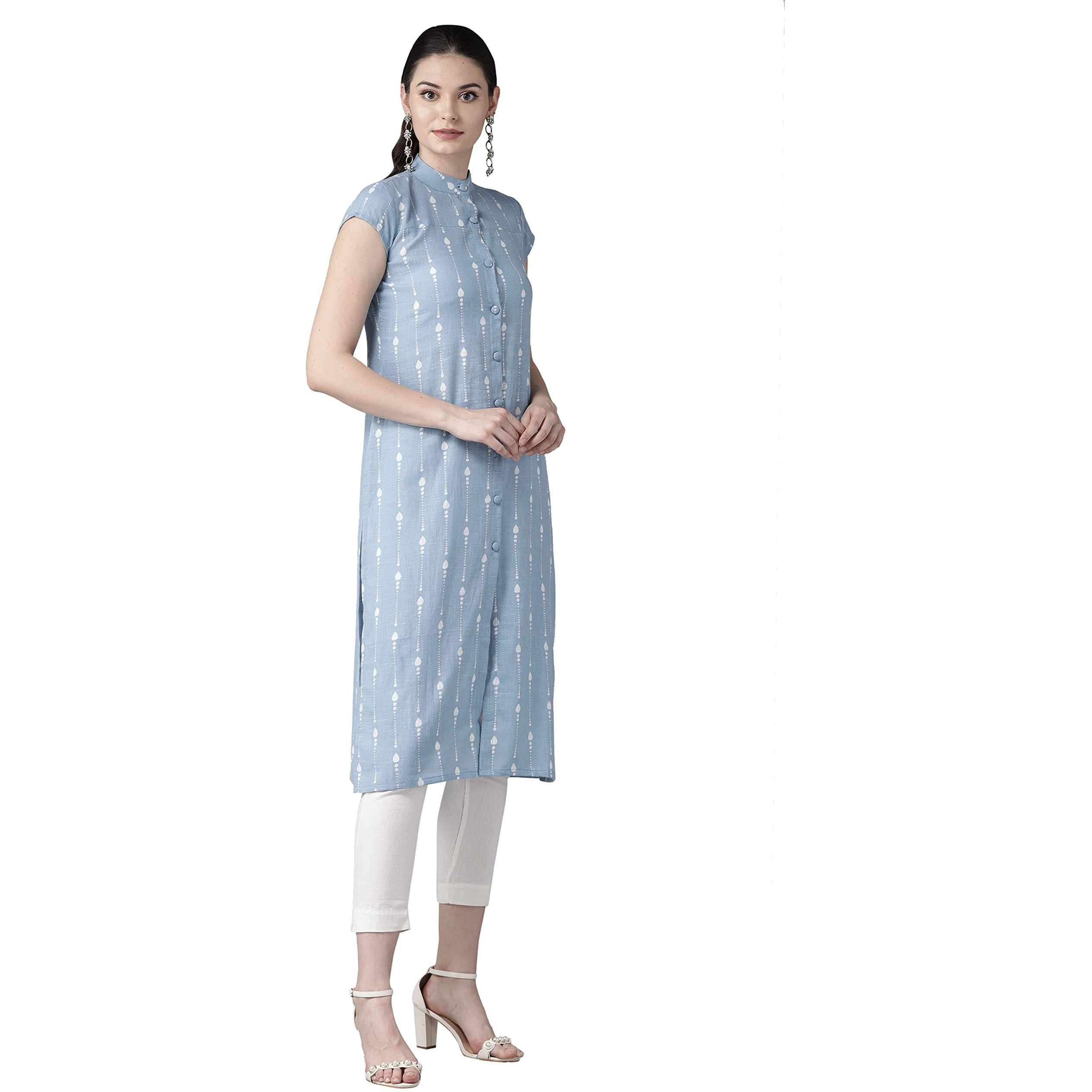 See Designs Women Blue & White Khari Print Straight Kurta