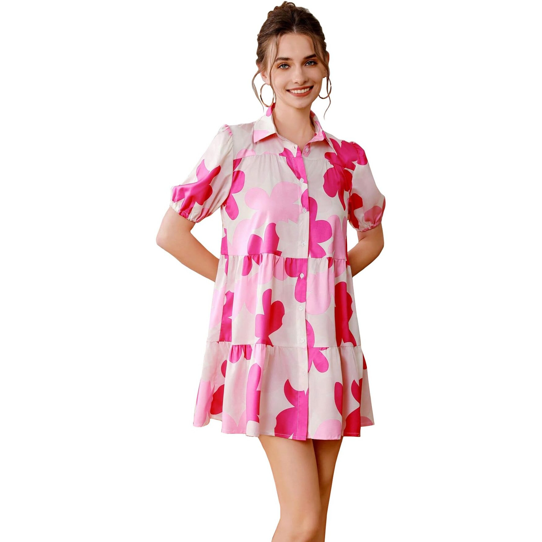 Shasmi Women's Pink Flower Print Short Sleeve Button Front All-Over Printed Dresses, Ruffle Hem Smock Dress For Woman (161 Dress Pink-L)