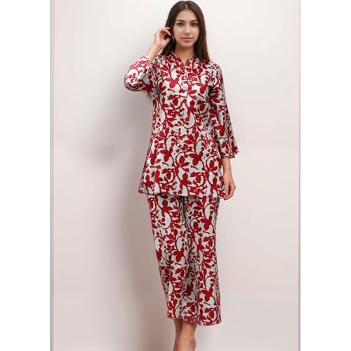 Shienzy Stylish Printed Cotton Blend Co Ord Set For Women || Casual & Festive Indo-Western Outfit || Kurta Pant Set (1594Shz_Mrn_M) Maroon