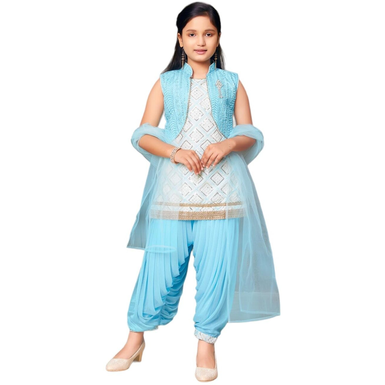 Aarika Girls Ethnic Wear Sky Blue Colour Sequin Embroidery Lace Work Silk Kurti Patiala With Jacket (4-10 Years)