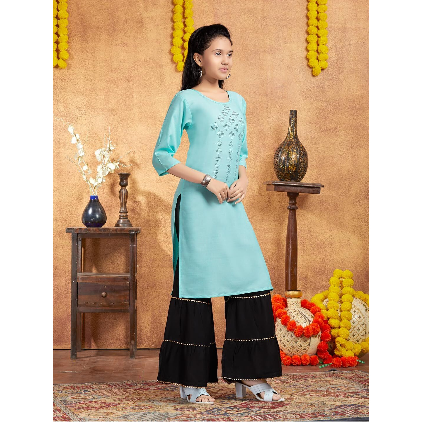 Aarika Girls Casual Wear Sea Green Colour Embellished Cotton Kurti (9-16 Years)