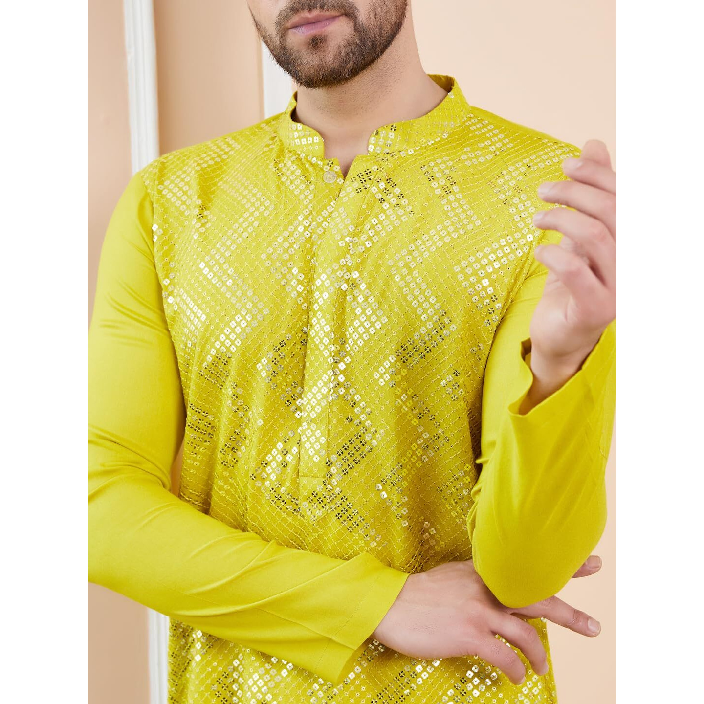 See Designs Men Full Sleeve Side Slit Lime Green And Gold Rayon Embroidery Sequins Mandarin Collar Kurta - Sd2Kt_2439M