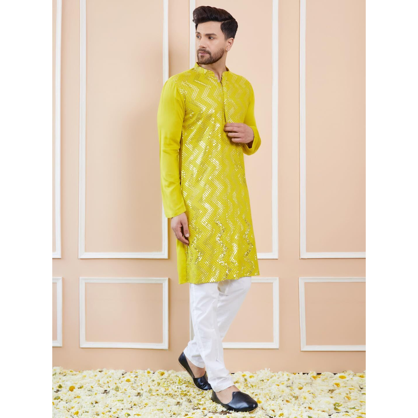 See Designs Men Full Sleeve Side Slit Lime Green And Gold Rayon Embroidery Sequins Mandarin Collar Kurta - Sd2Kt_2439M