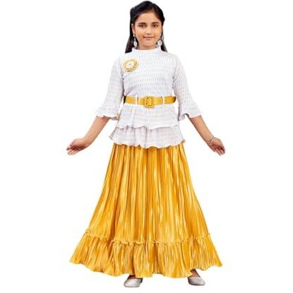 Aarika Girls Ethnic Wear White Beige Colour Self Design Nylon Lehenga Choli Set With Belt (5-16 Years)