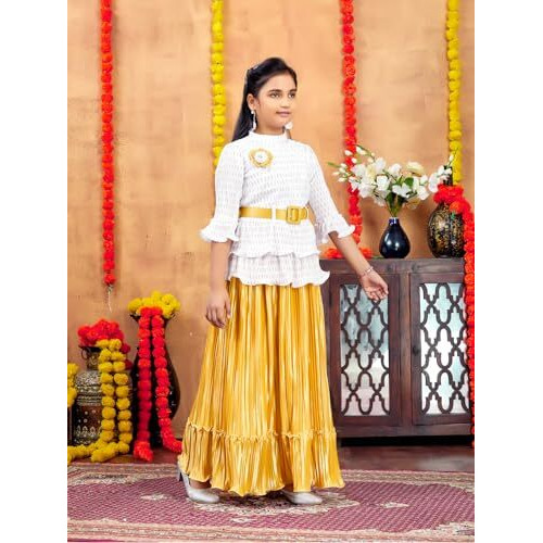 Aarika Girls Ethnic Wear White Beige Colour Self Design Nylon Lehenga Choli Set With Belt (5-16 Years)
