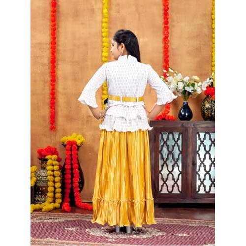 Aarika Girls Ethnic Wear White Beige Colour Self Design Nylon Lehenga Choli Set With Belt (5-16 Years)