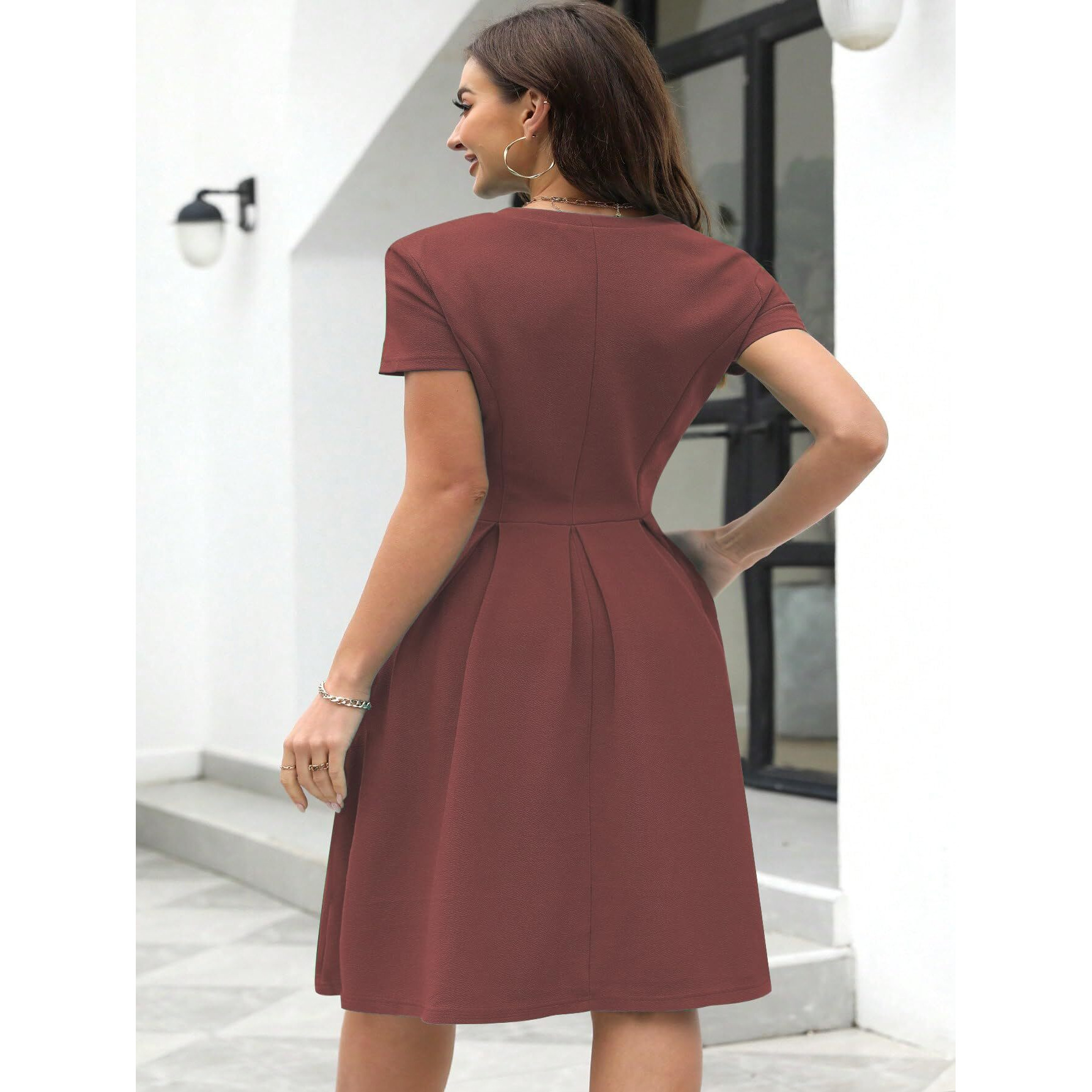 Shasmi Girl's & Women's Solid Rust Brown Color Solid Slant Pocket Fold Pleated, Women Cocktail Party Vintage Style With Pockets Big Swing Simple Retro Dress (Dress 166 Brown-S)