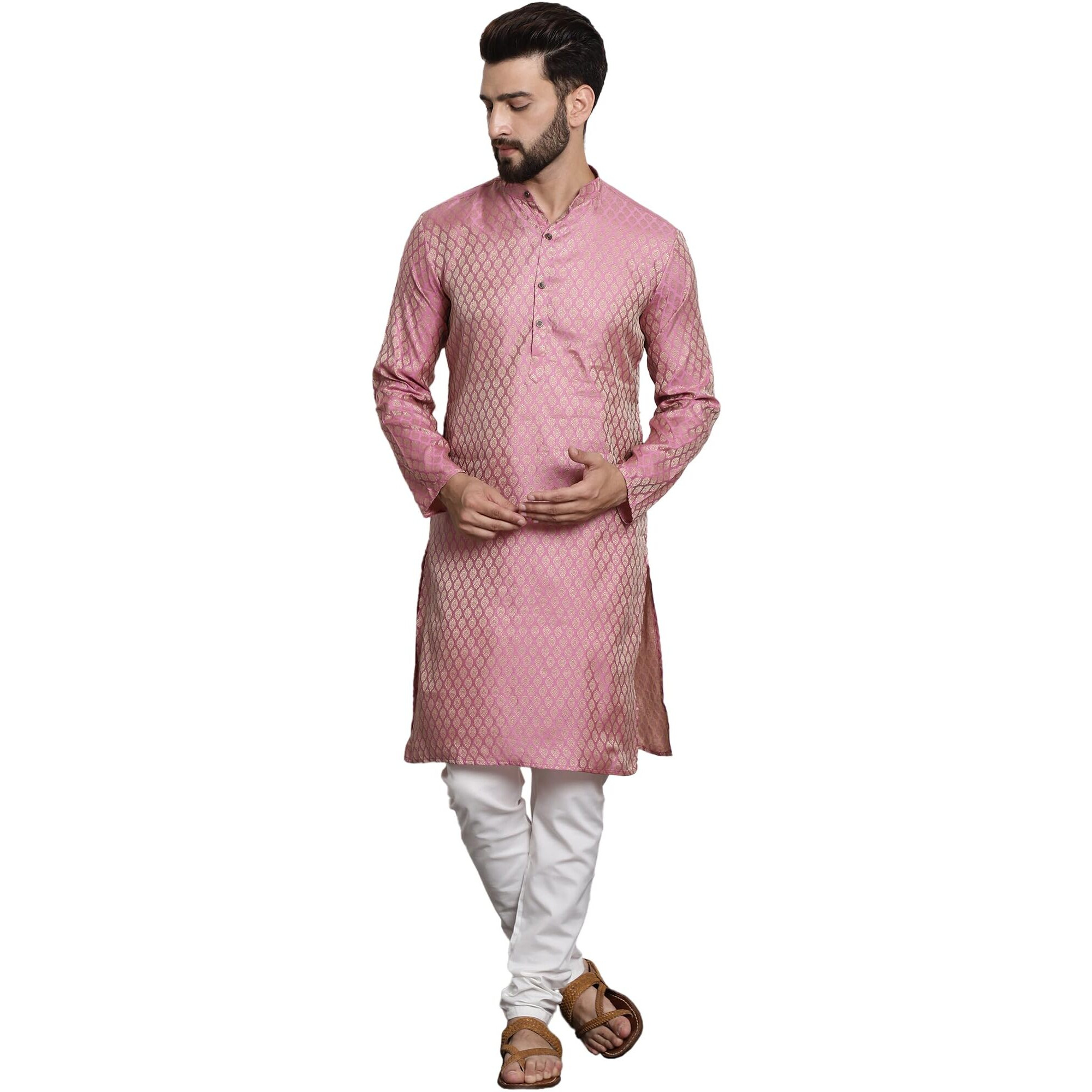 Sojanya (Since 1958 Men's Silk Blend Pink Self Design Kurta And White Churidar Pyjama Set