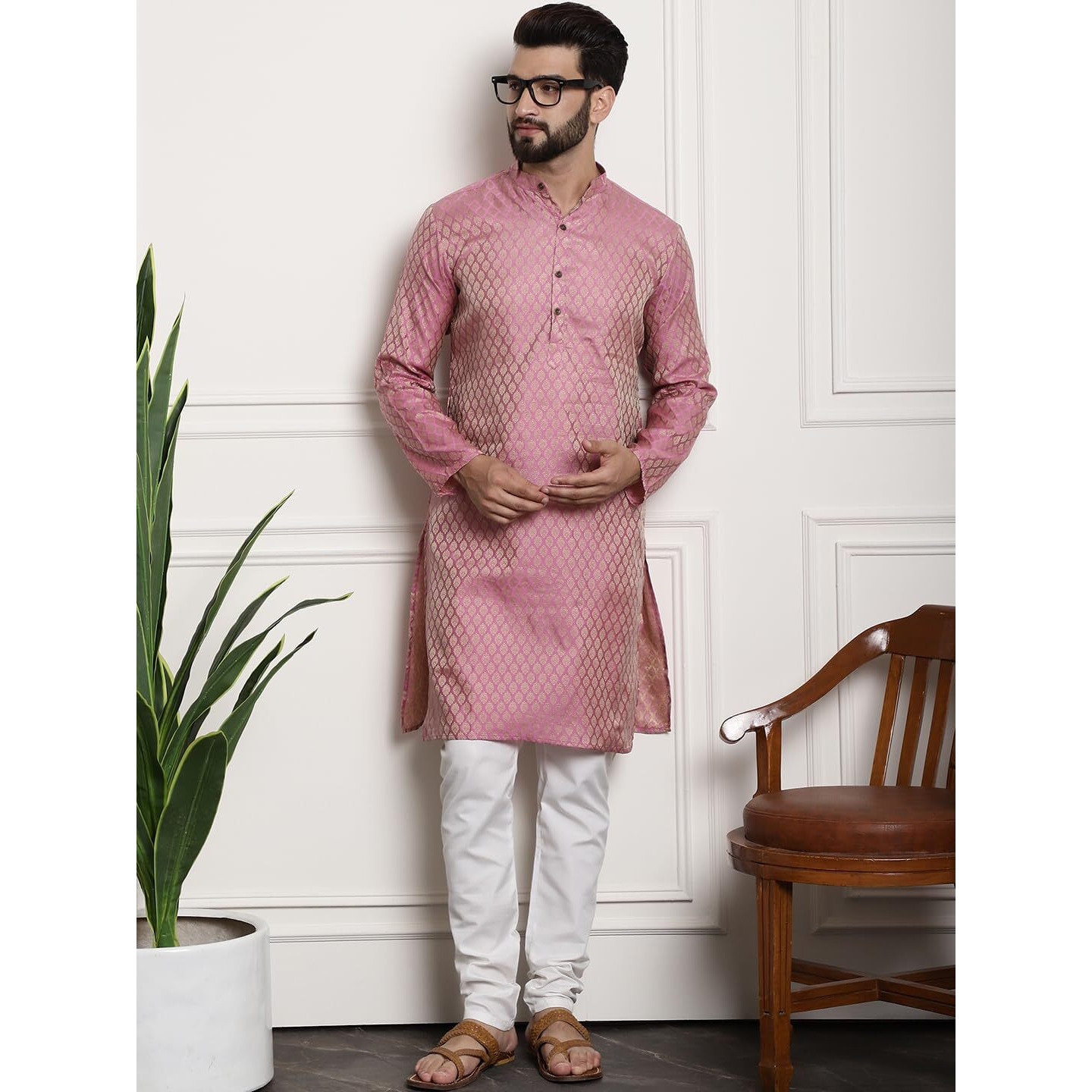 Sojanya (Since 1958 Men's Silk Blend Pink Self Design Kurta And White Churidar Pyjama Set