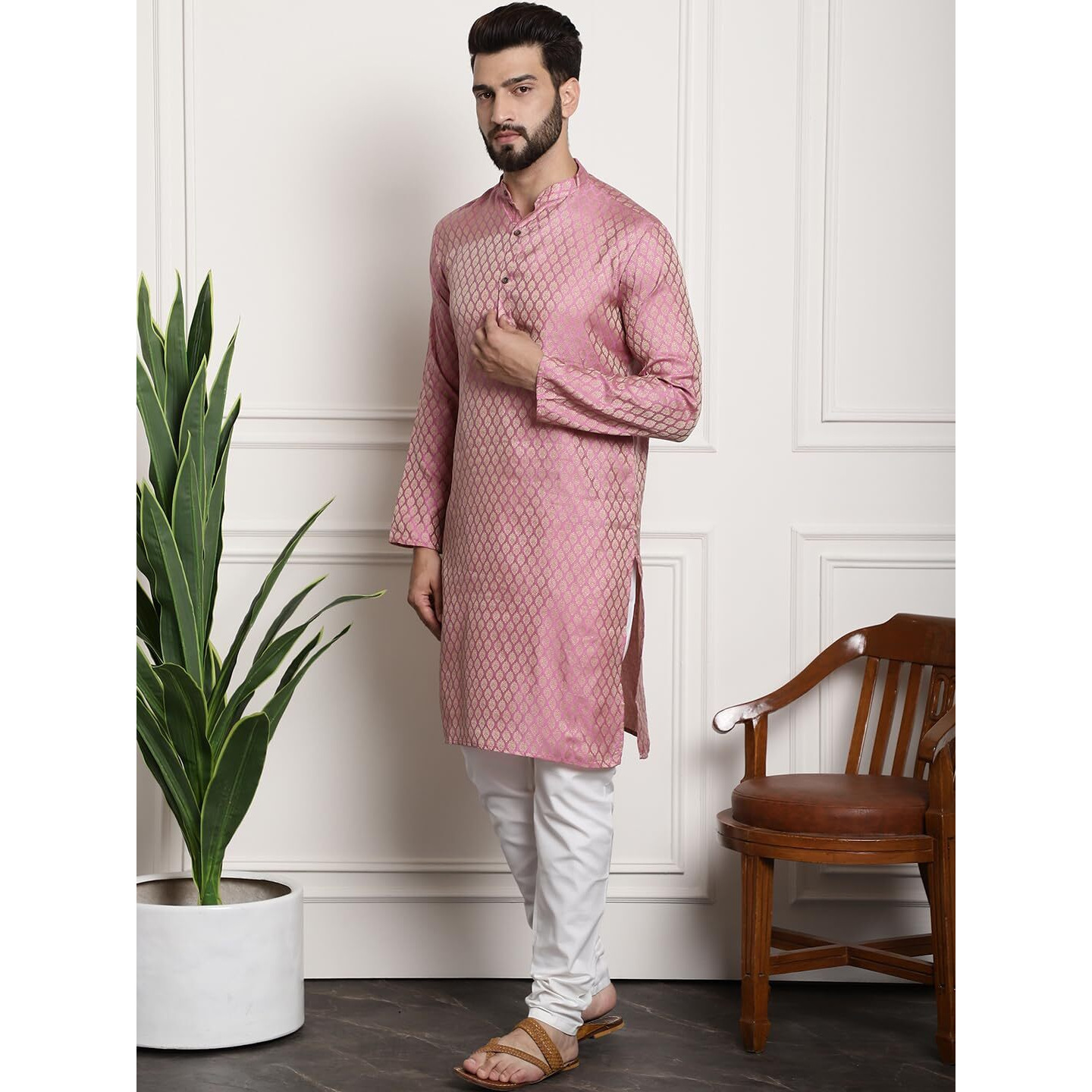 Sojanya (Since 1958 Men's Silk Blend Pink Self Design Kurta And White Churidar Pyjama Set
