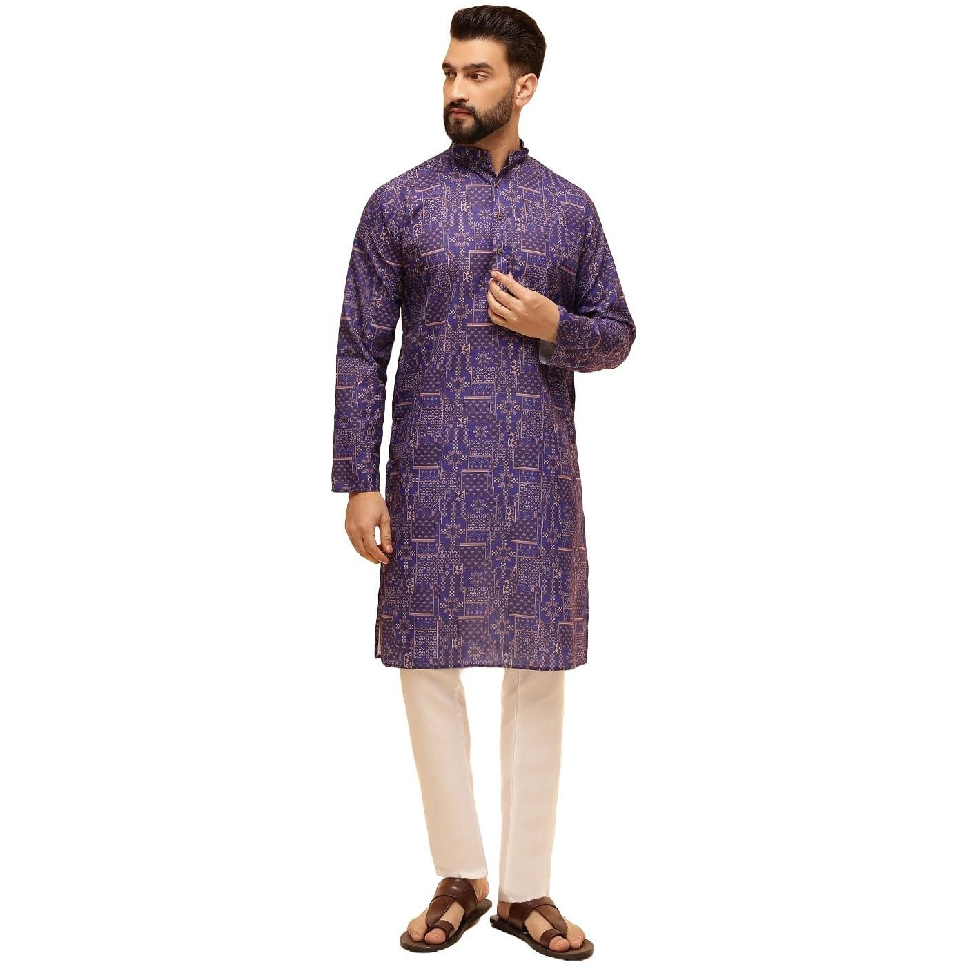 Sojanya (Since 1958 Men's Cotton Linen Geometric Printed Purple Kurta With White Pyjama
