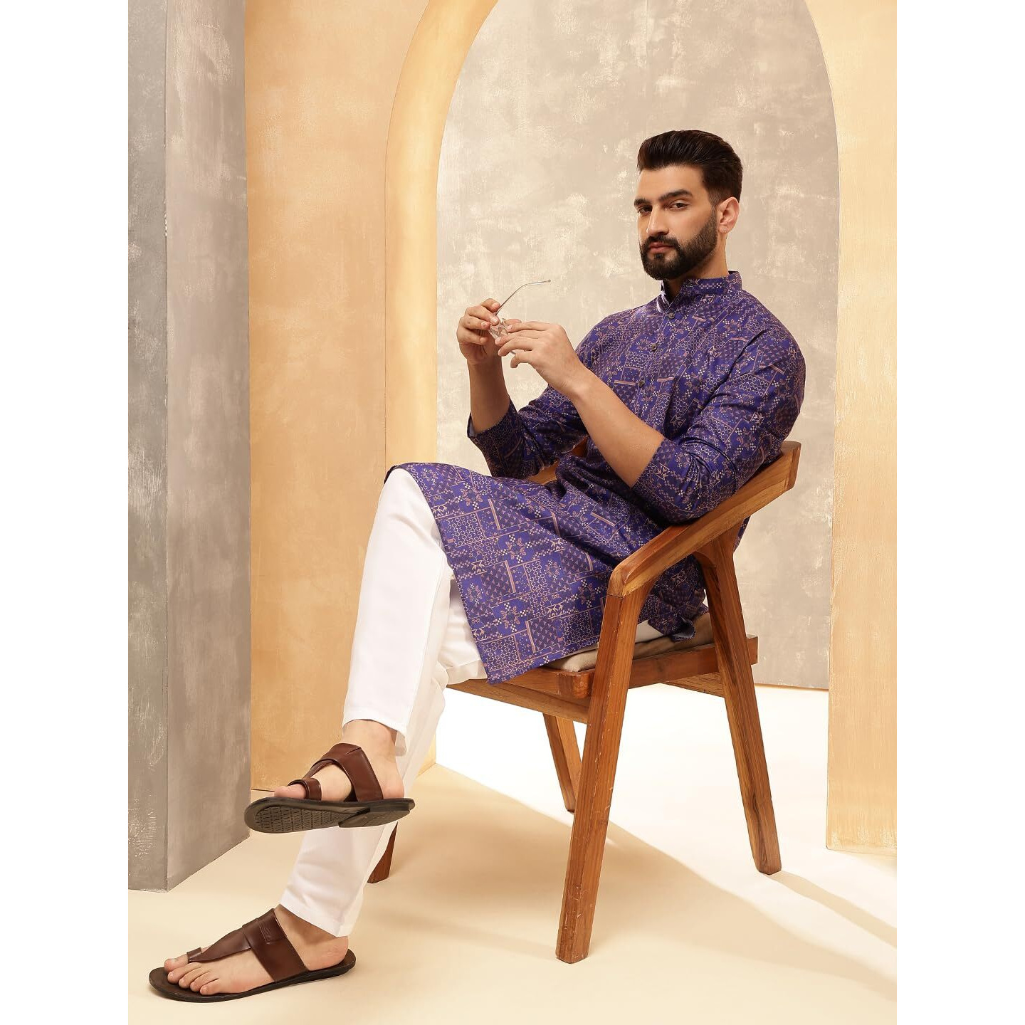 Sojanya (Since 1958 Men's Cotton Linen Geometric Printed Purple Kurta With White Pyjama