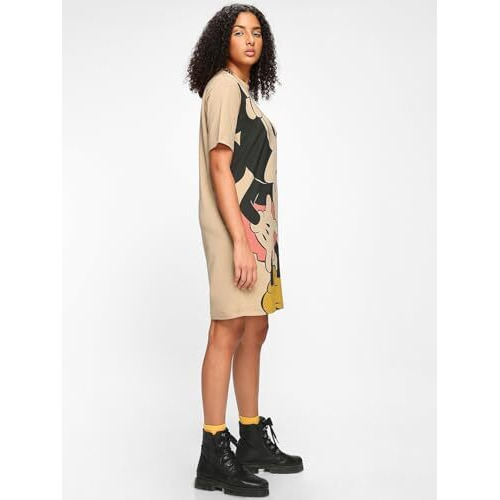 Bewakoof Official Disney Merchandise Women's Graphic Printed Oversized Fit Half Sleeve Round Neck Cotton T-Shirt Dress_546192_Brown_S