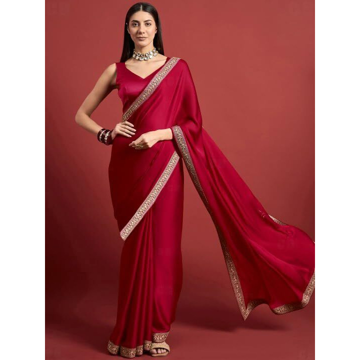 Cb-Colebrook Women's Soft Satin Saree With Embroidered Sequin Border With Blouse Piece, Traditional Indian Ethnic Wear, Party, Wedding Sarees For Womens (Pink)