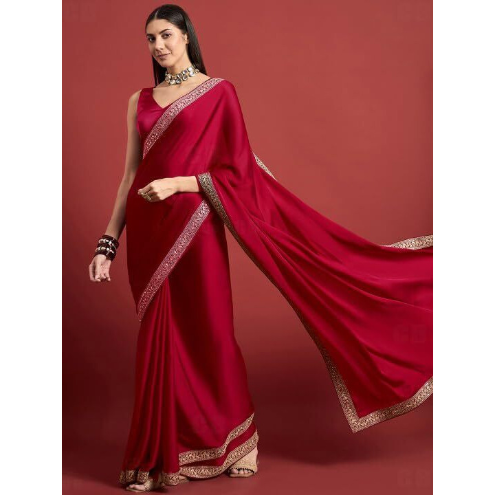 Cb-Colebrook Women's Soft Satin Saree With Embroidered Sequin Border With Blouse Piece, Traditional Indian Ethnic Wear, Party, Wedding Sarees For Womens (Pink)