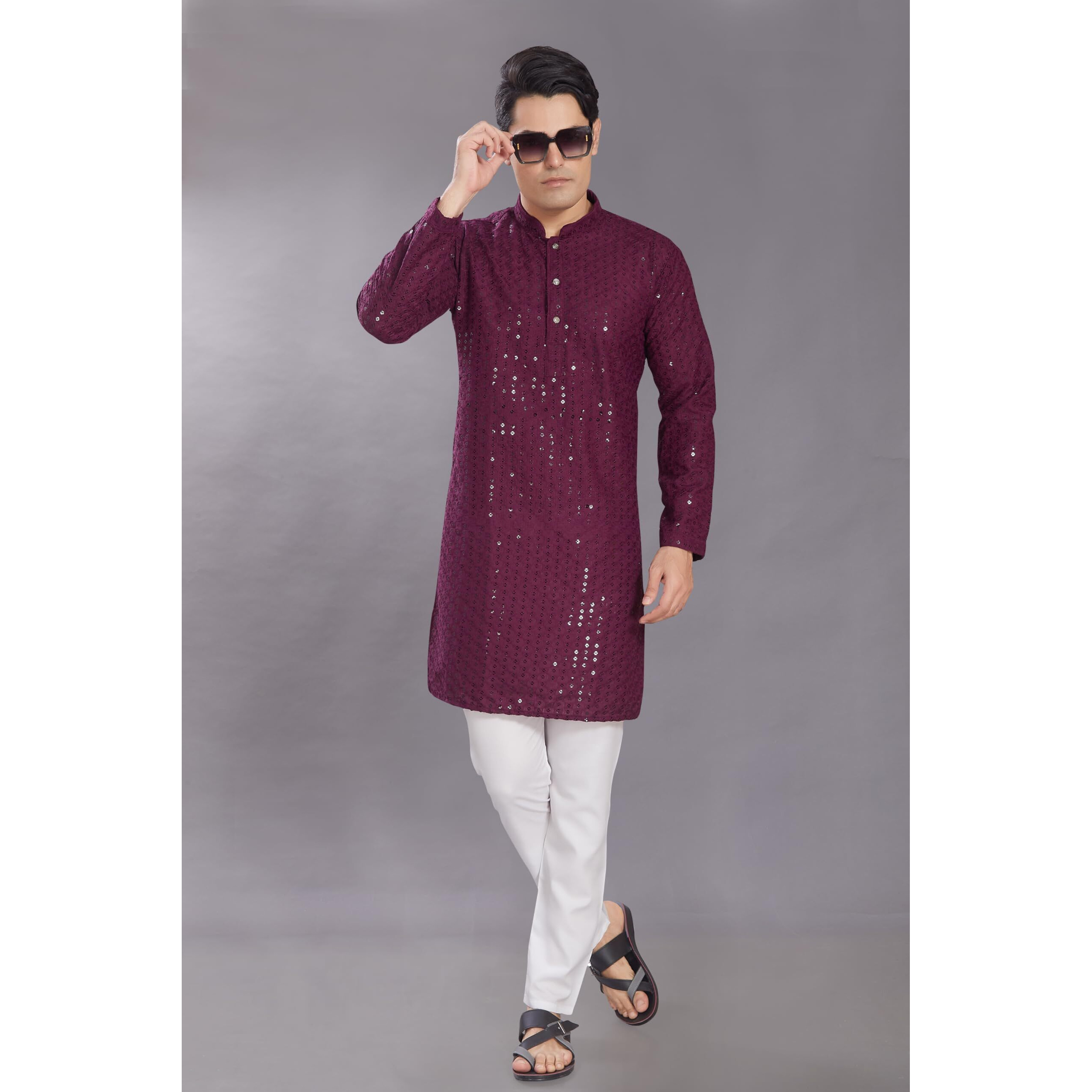 Divisive Men's Sequince Embroidered Cotton Blend Only Slim Fit Kurta (Dkrt574_Xxl_Burgundy)